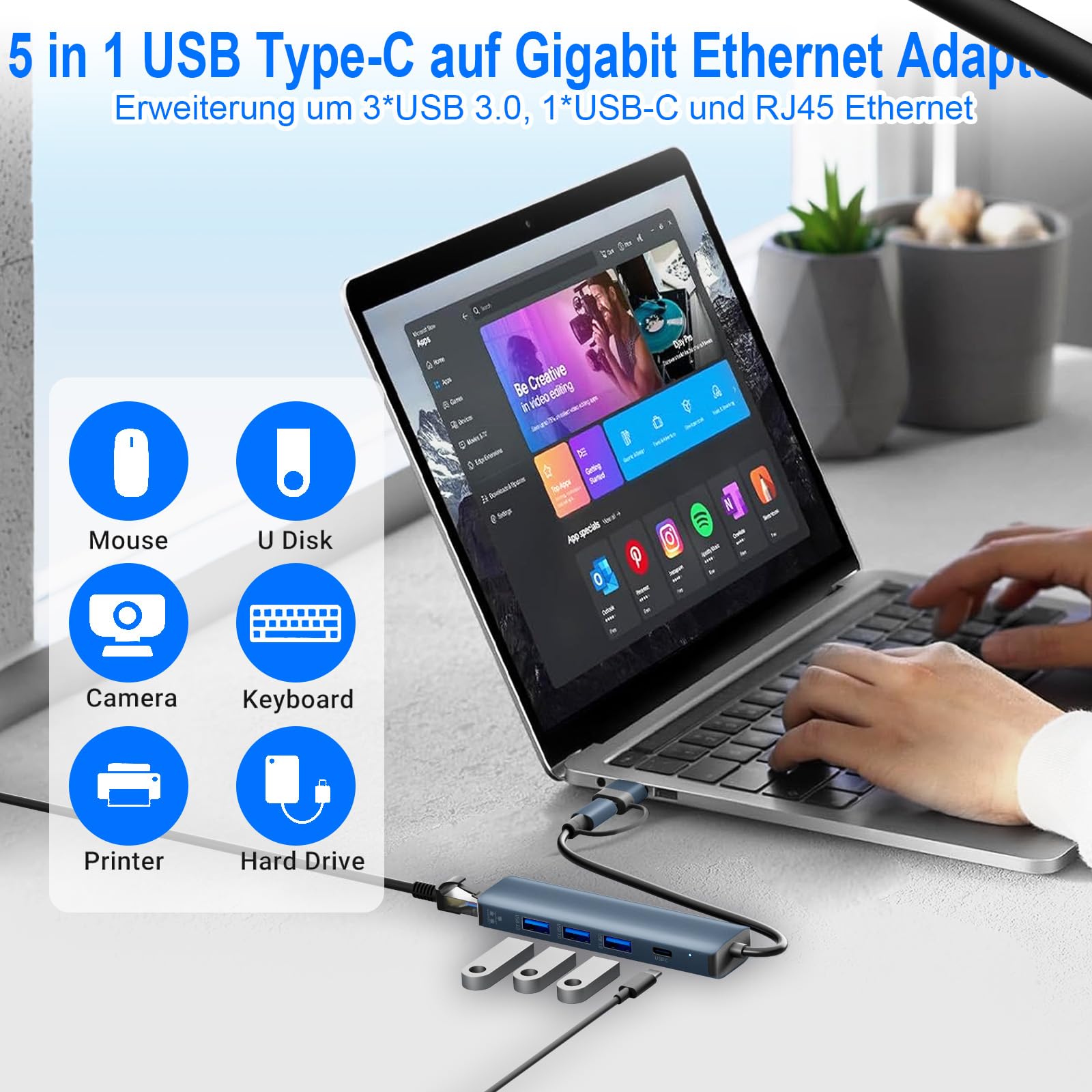 Loydia 5 en 1 USBC Hub Ethernet, Adaptador de Red Tipo C a Gigabit LAN 3 USB 3.0, Compatible con Mac/Linux/Win 11/10/8