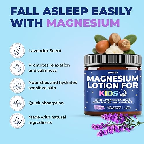 Miniatura 2 de Loción de magnesio para niños, crema relajante de magnesio con lavanda, manteca de karité, aloe vera, ingredientes 100% naturales (4 onzas, sin