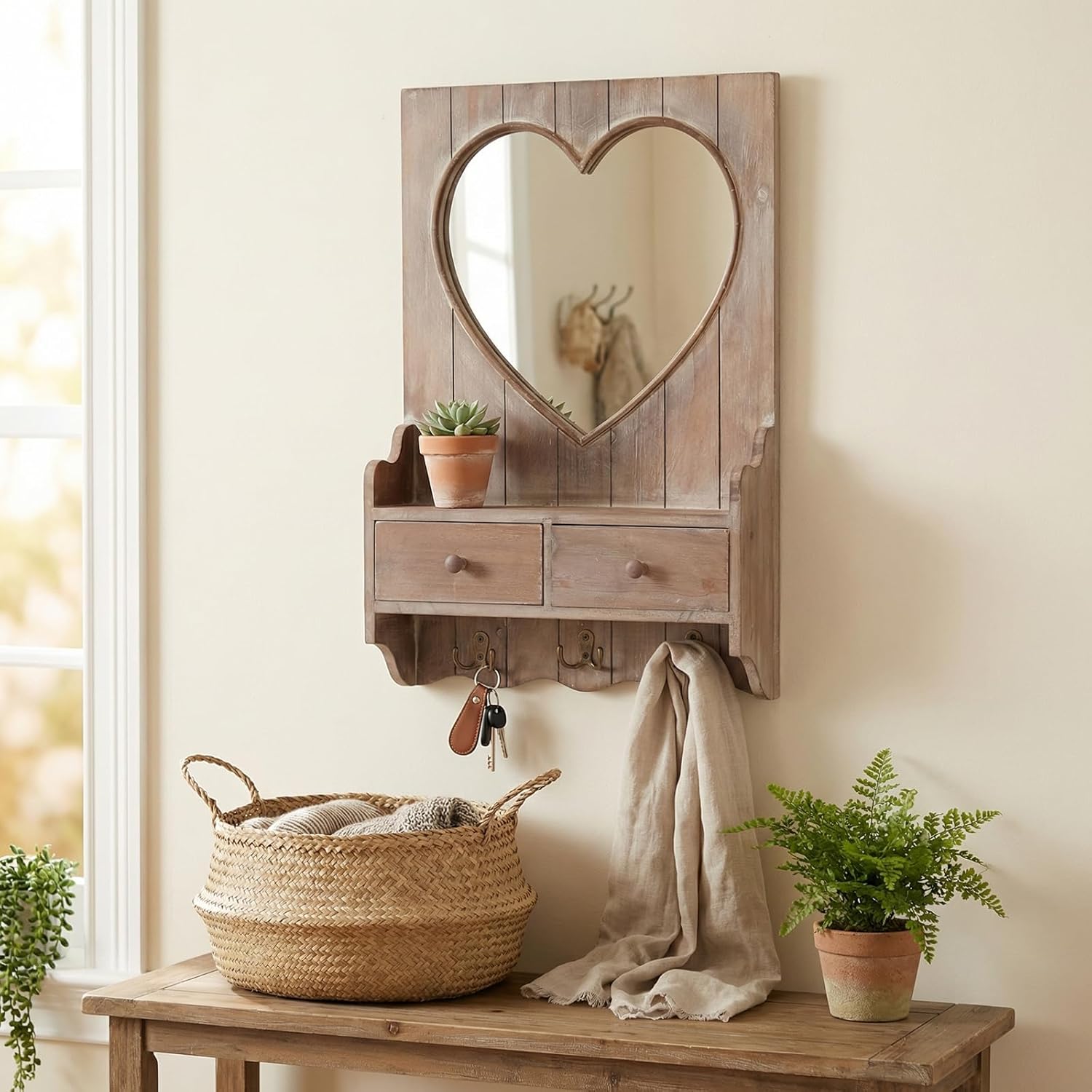 Rustic Farmhouse Wooden Entryway Mirror with Shelf and Hooks, 16"x24" Heart Shape Wood Frame Wall Mirror with Storage Drawer (Distress Brown)