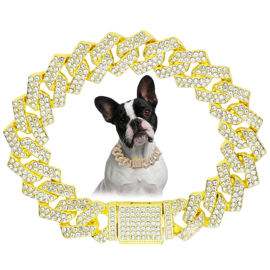 Diamond Dog Collar for Large Dogs,Bling Metal Cuban Link Dog Collar 22 Inch