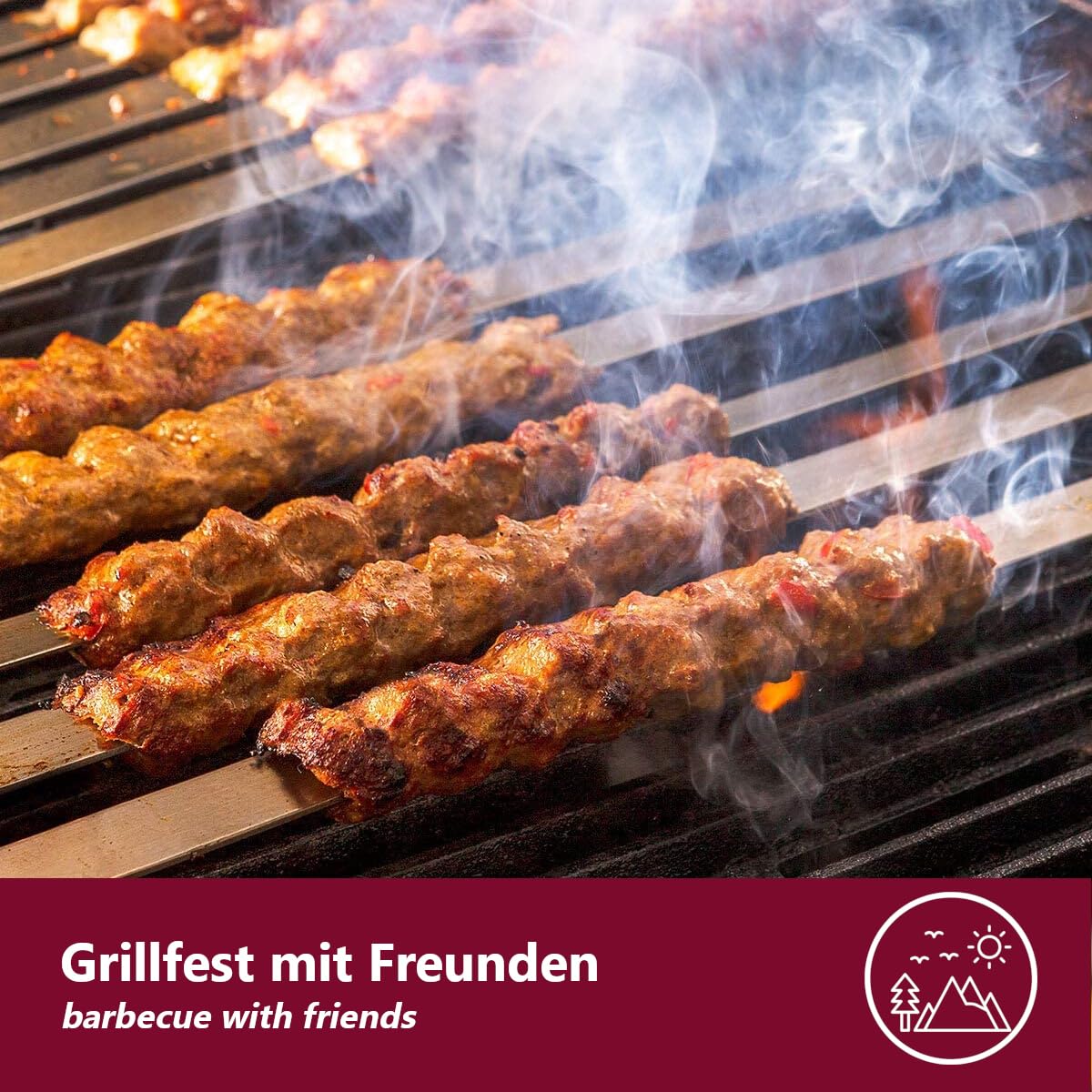 Adana Kebab Lot De 10 Brochettes Plates En Acier Inoxydable Avec Poignées En Bois, 60 Cm, S, Accessoires De Barbecue Pour