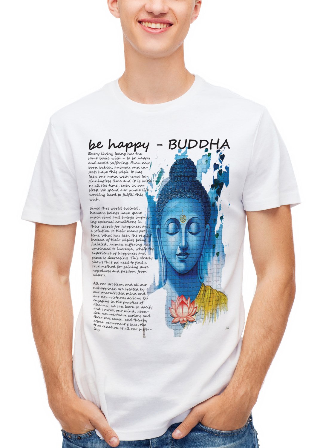 6thCross Mens Poly Cotton Round Neck White Front and Back Printed Buddha T Shirt