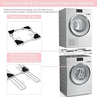 NIUXX Universal Stacking Kit for Washing Machine and Dryer - Adjustable Stacking Shelf Kit for 56-69 cm Washer Dryer - Intermediate Frame with Ratchet Ropes and Drying Rack - Space-Saving