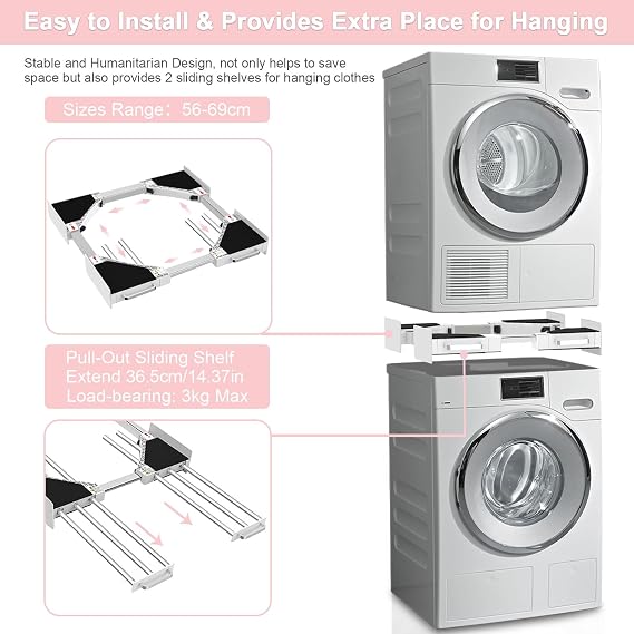 NIUXX Universal Stacking Kit for Washing Machine and Dryer - Adjustable Stacking Shelf Kit for 56-69 cm Washer Dryer - Intermediate Frame with Ratchet Ropes and Drying Rack - Space-Saving