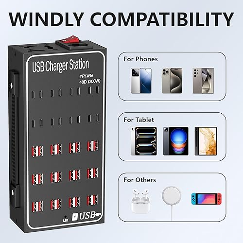 Miniatura 4 de Estación de carga USB múltiple, 40 puertos de 200 vatios (40 A), bloque de carga USB  C con interruptor de alimentación, estación de carga de