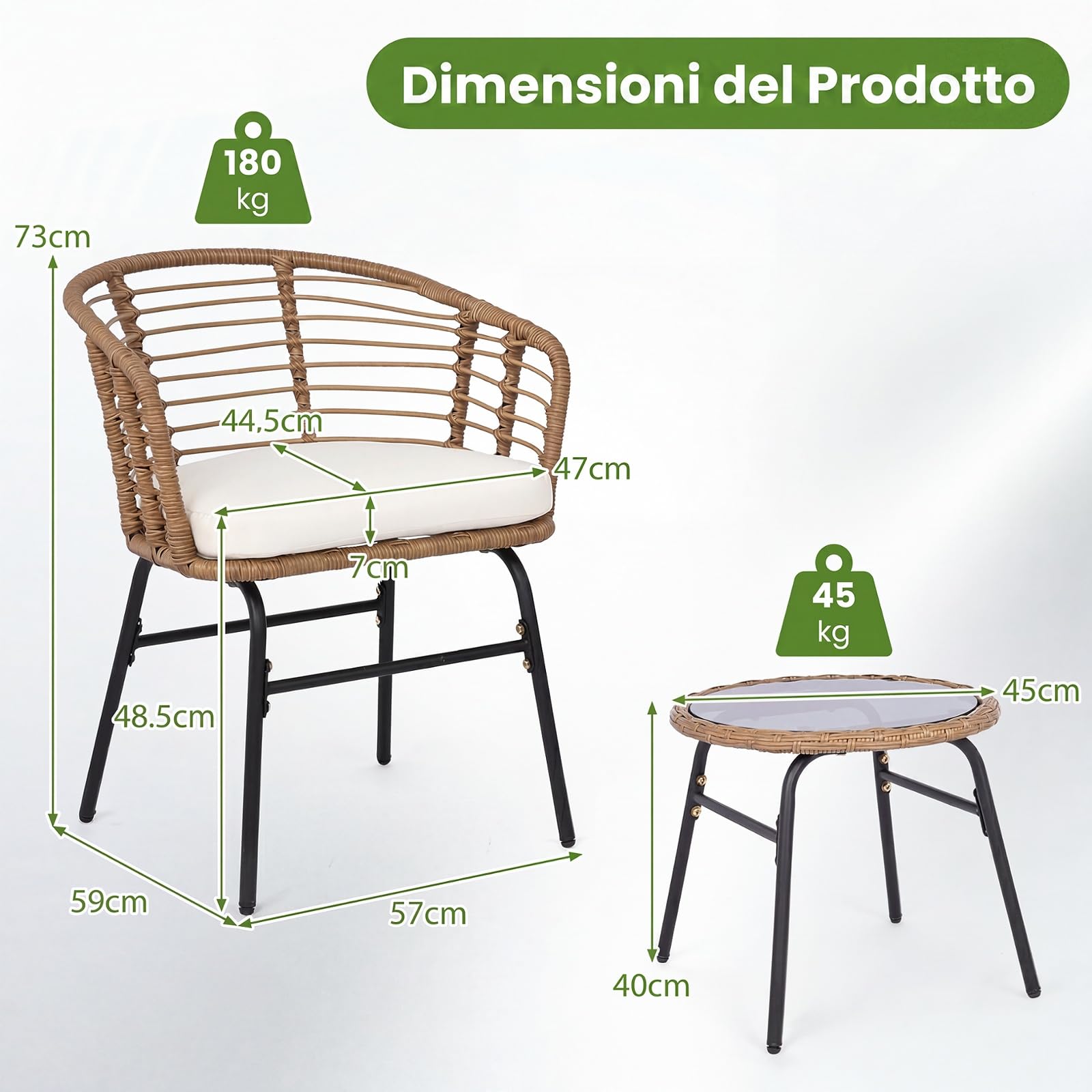 COSTWAY Salotto da Giardino per 2 Persone, Salottino in Rattan Include 2 Poltrone con Cuscini Imbottiti e Tavolino Rotondo con Piano in Vetro Temperato, Set da Esterno a 3 Pezzi per Balcone e Terrazza
