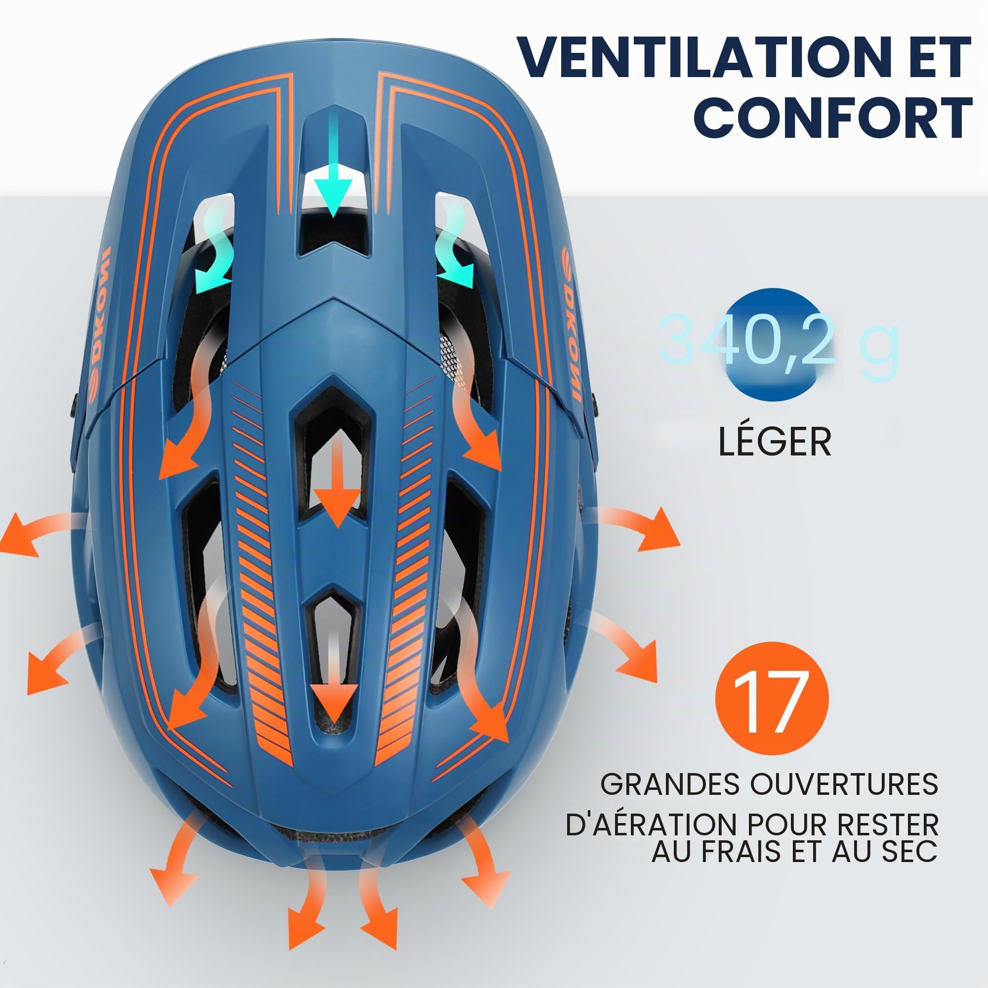 DKONI Casque VTT pour jeunes et adultes, unisexe, léger, ajustable, 54-61 cm, visière et doublures amovibles, 17 grandes aérations