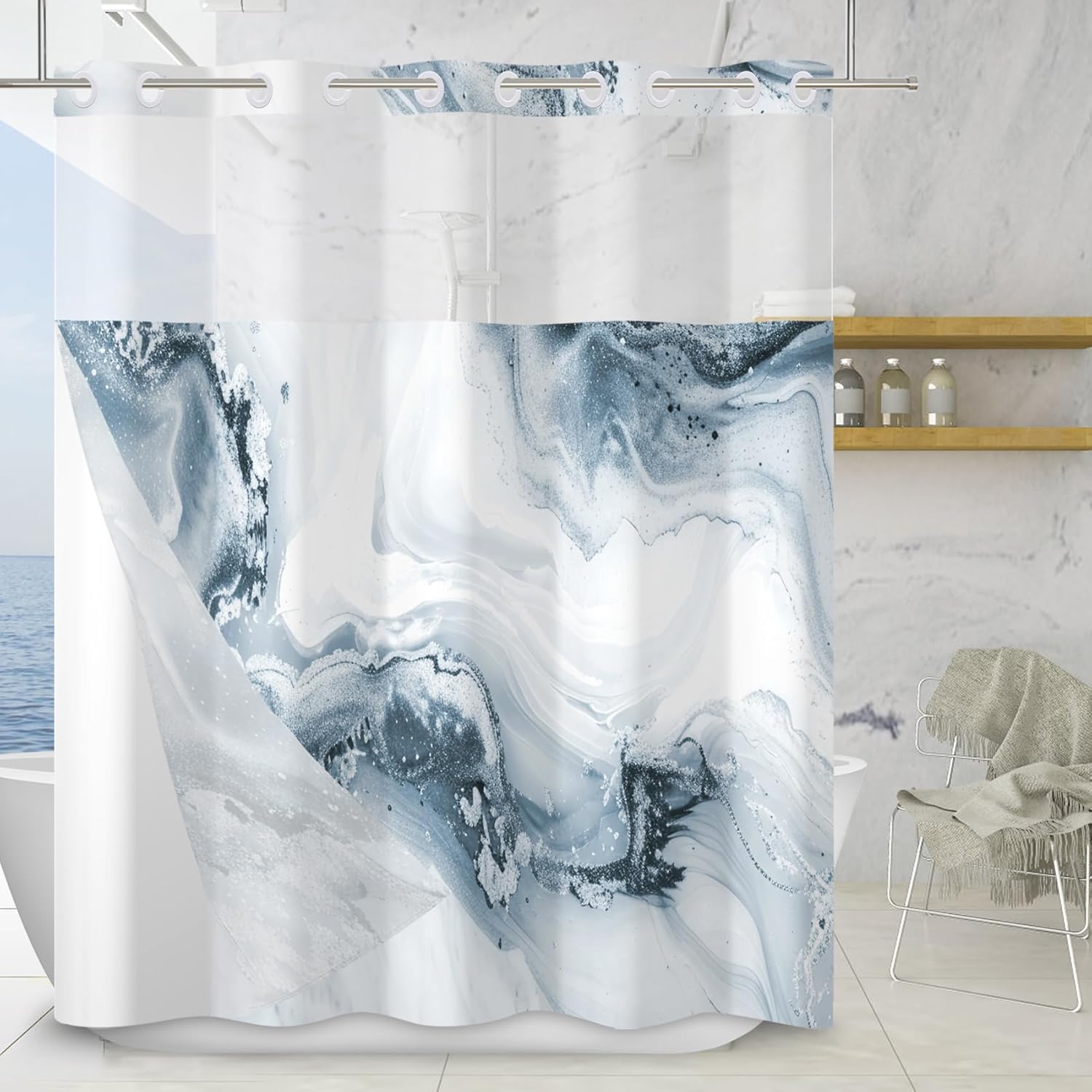 No Hook Shower Curtain with Snap in Liner Grey Blue Marble Modern Crack Ink Texture Double Layers Shower Curtain Waterproof Fabric See-Through Top Window Bathroom Decorative 71x83inch