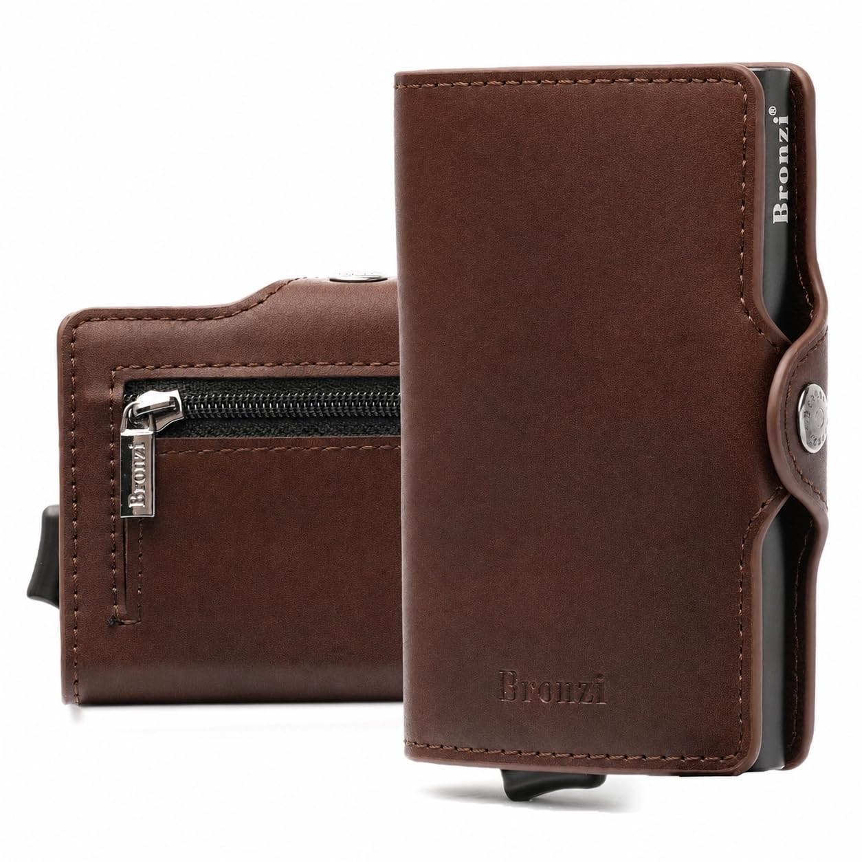 Bronzi Portafoglio Porta Carte Credito - Portafoglio Uomo Donna Slim Portacarte uomo - Mini Porta Tessere - Protezione RFID - Design Smart Italiano Scatola Regalo inculsa (Pelle, Marrone)