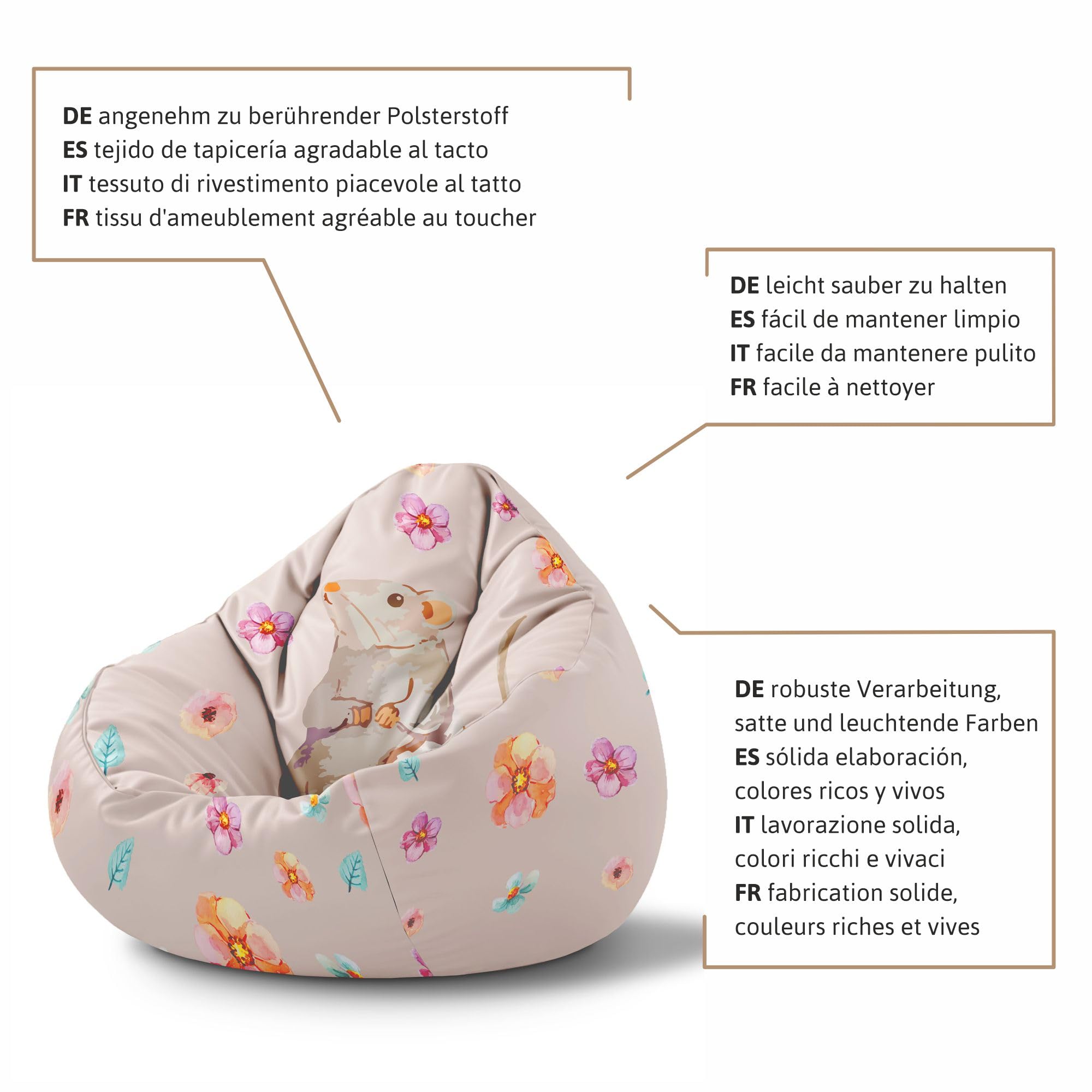 DreamRoots Sitzsack Kinder mit füllung - Sitzkissen Kinder Boden - Kinderzimmer Möbel - Sitzsäcke fürs kinderzimmer - Bean Bag M Gray Mouse