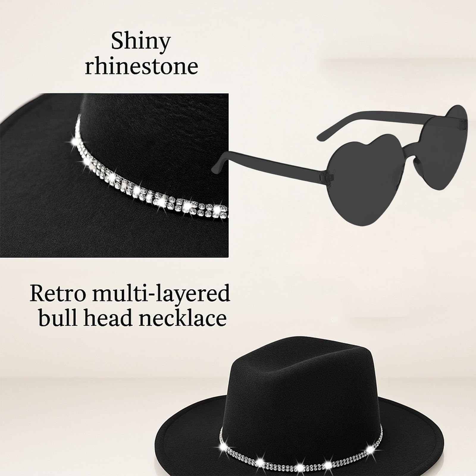 Amazleer Western Black Cowboy Hats for Women Men 3 Pcs Set Fedora Wide Brim Rhinestone Cowgirl Hat with Bandana and Evil Eye Bull Head for Fancy Dress Festivals (Black) - Image 3
