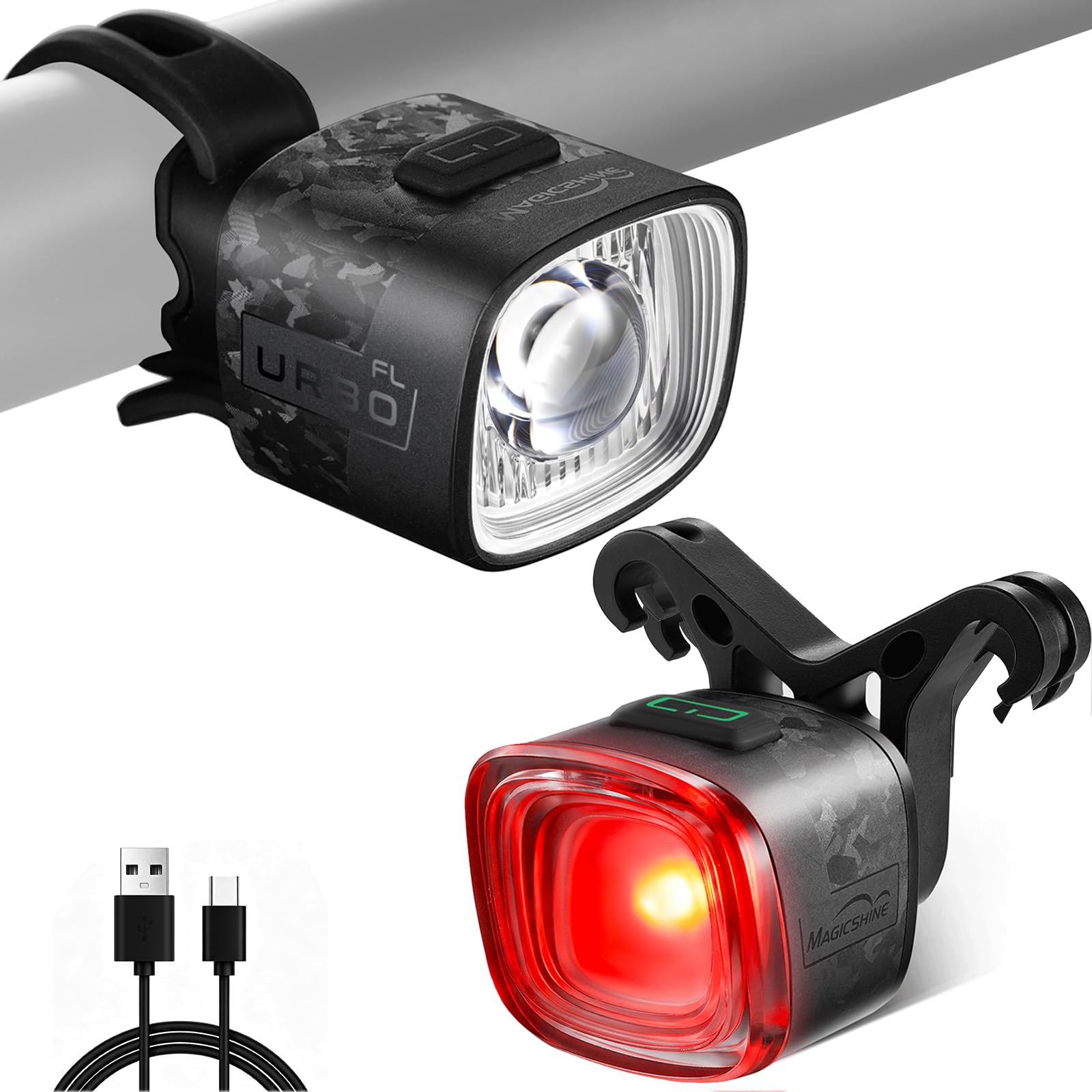 Ensemble d'éclairage vélo Magicshine URBO COMBO,feu arrière avec capteur de freinage et phare avant à coupure nette. Accessoires vélo ultralégers et étanches, idéaux pour les trajets urbains nocturnes | Phare de freinage, feu arrière, ultra léger, marche/