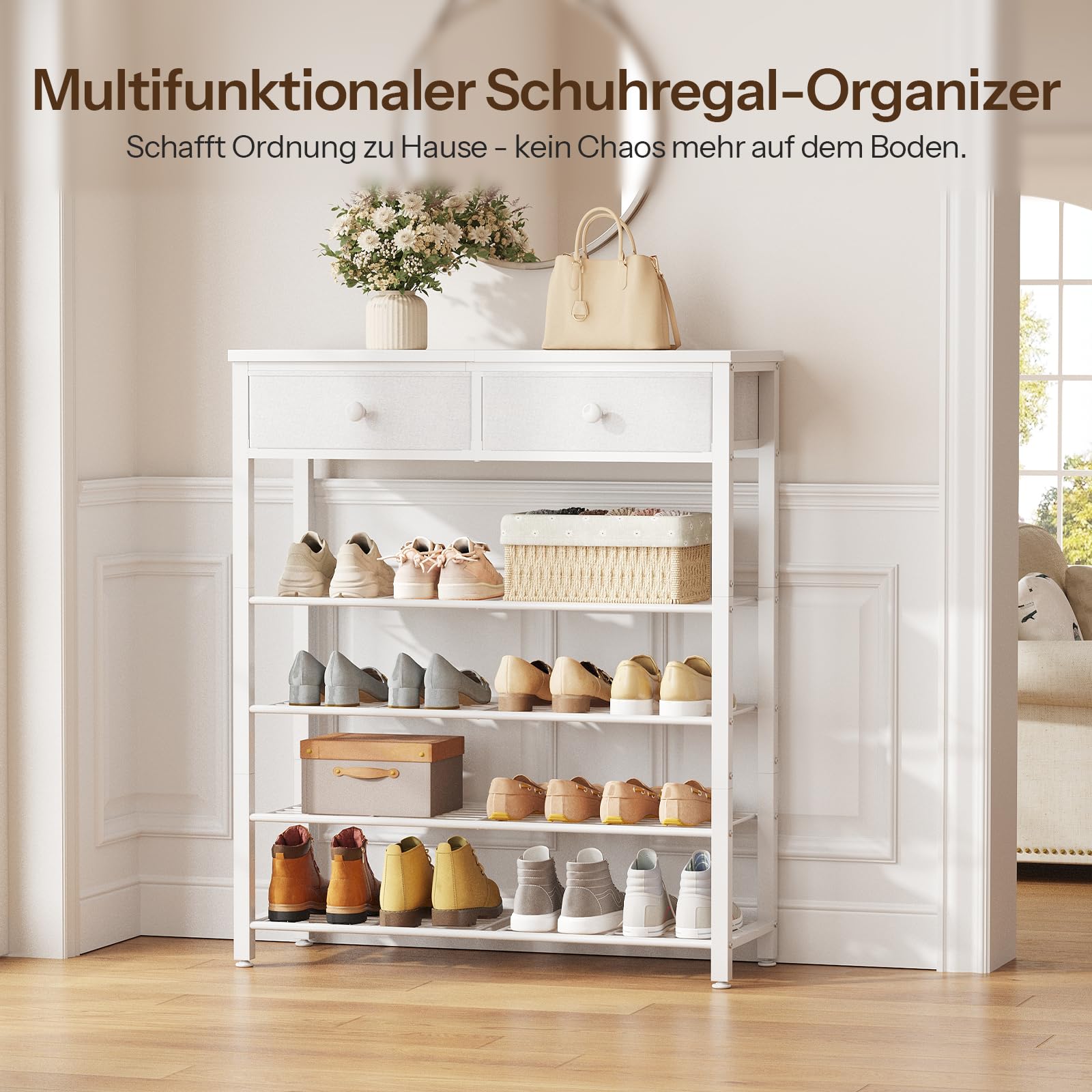 HOOBRO Schuhregal, Schuhablage mit 2 Schubladen und 4 Gitterablagen, 75 x 28 x 93 cm hoch, für Eingangsbereich, Flur, Wohnzimmer und Balkon, Weiß EWW178XJ01