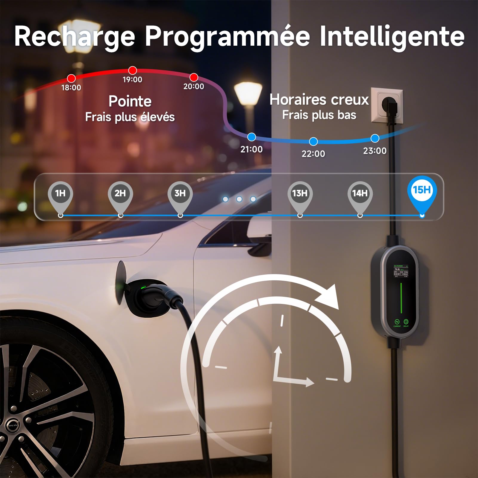 Chargeur Voiture Electrique 3,6kW 8m, 6-16A Cable Type 2 | Portabilité Cable Recharge Voiture Electrique avec Affichage LED et Sac, Compatible avec EV/PHEV IEC 62196-2