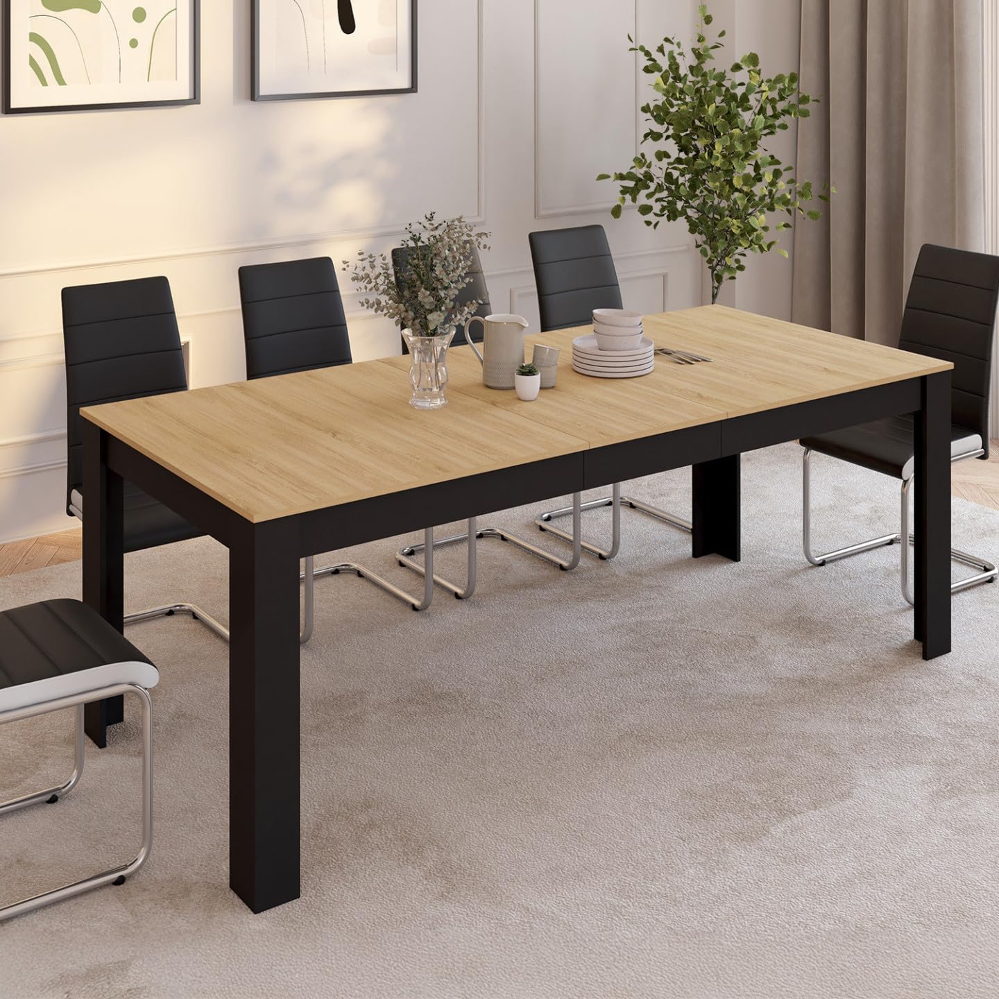 IDMarket - Tavolo da pranzo rettangolare ROZY 4-8 Persone Nero Piano in legno di faggio 160-200 cm