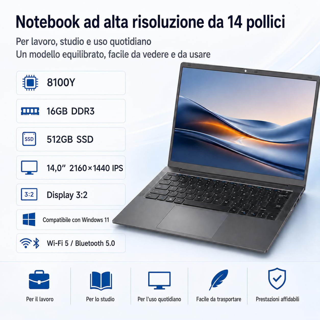2026 PC Portatile 14 Pollici 2K IPS (2160×1440), m3-8100Y fino a 3.4GHz/16GB+512GB SSD, Windows 11/USB 3.0/Ultra-Sottile, con Copritastiera Italiana (Grigio)