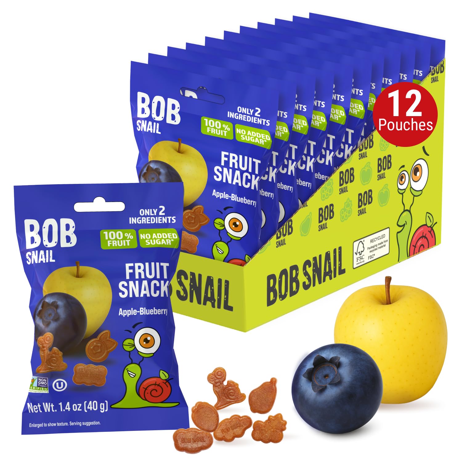 Bob Snail Fruit Gummy Bites – Multifruit Flavor, 12-Pack (480g), Real Fruit Snacks with No Added Sugar, Vegan & Gluten-Free Mini Bites for Kids & Adults