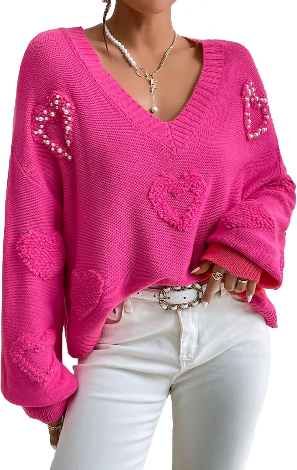 Verdusa Women's Pearls Heart Sweater V Neck Drop Shoulder Long Sleeve Knit Sweaters Tops