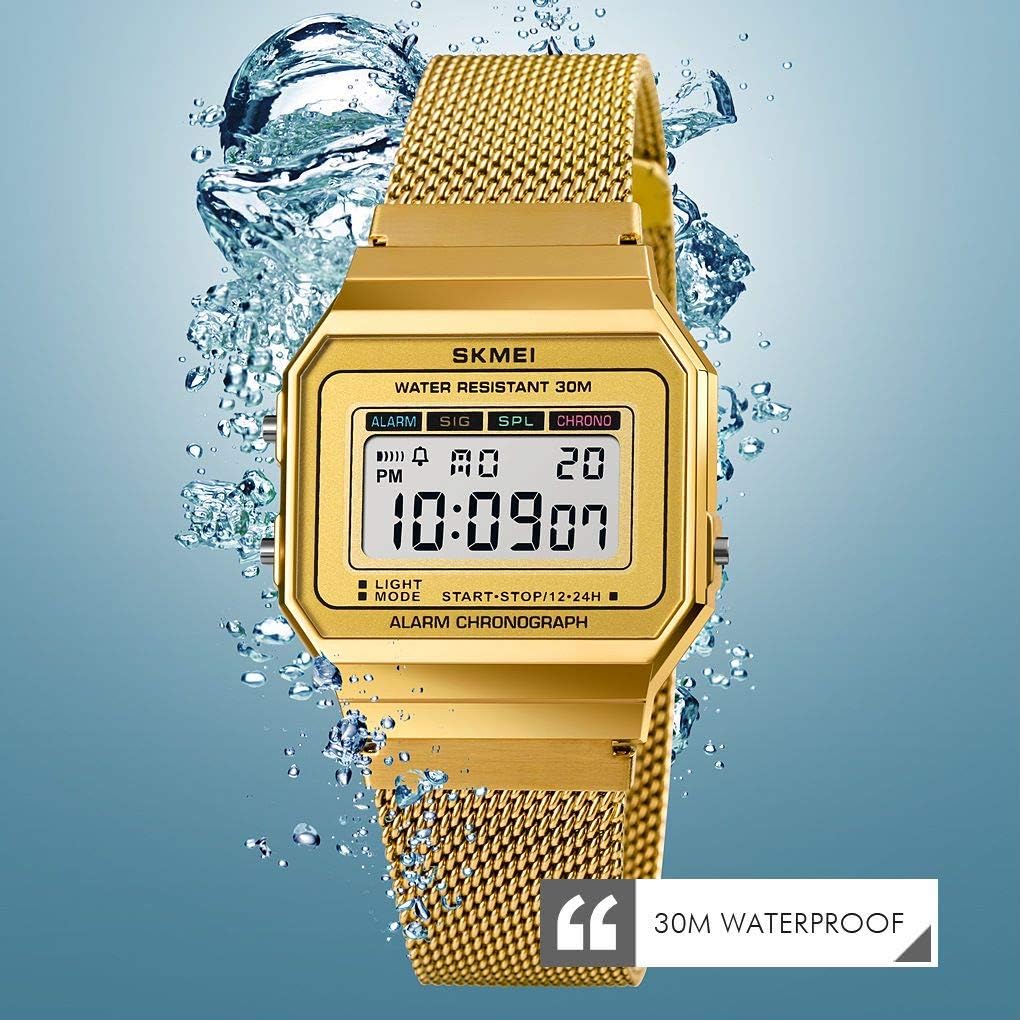 MASTOP Digital Sport Mens LED Watches Slim Dial Digital Men Wristwatches Stainless Steel Band Waterproof Men Watch