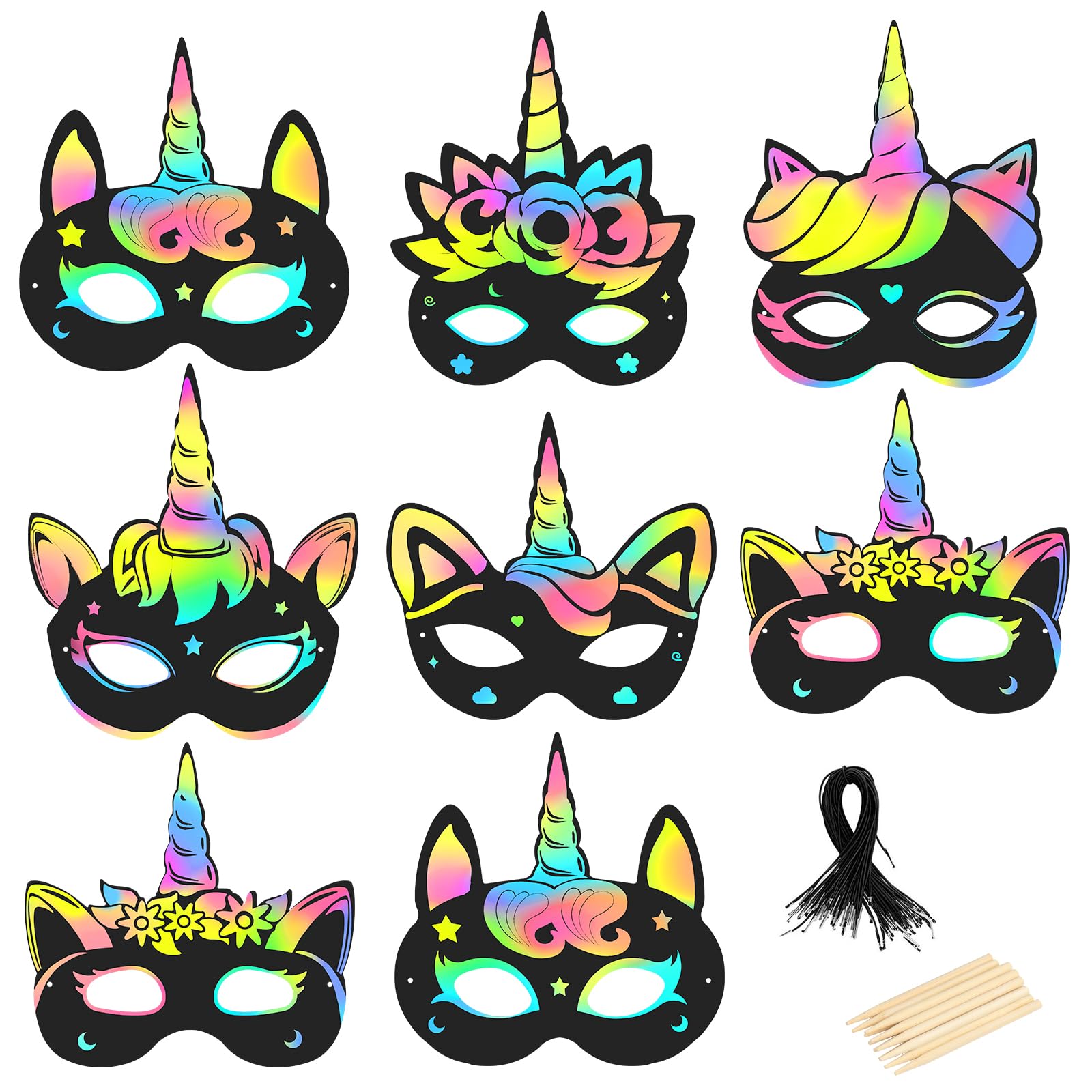 MONCAP 24pcs Máscaras de Unicornios Máscaras Niños Scratch Art Máscaras Unicornio Máscaras para Rascar con Plumín de Madera para Fiestas Niños Escolar Actividad Disfraz Cumpleaños Regalo Qpout 48 Pcs Scratch Art Paper Art Rainbow Scratch Cards Set Animal Mask Black Scratch Paper Magic Scratch Drawing Crafts Paper Art Kit