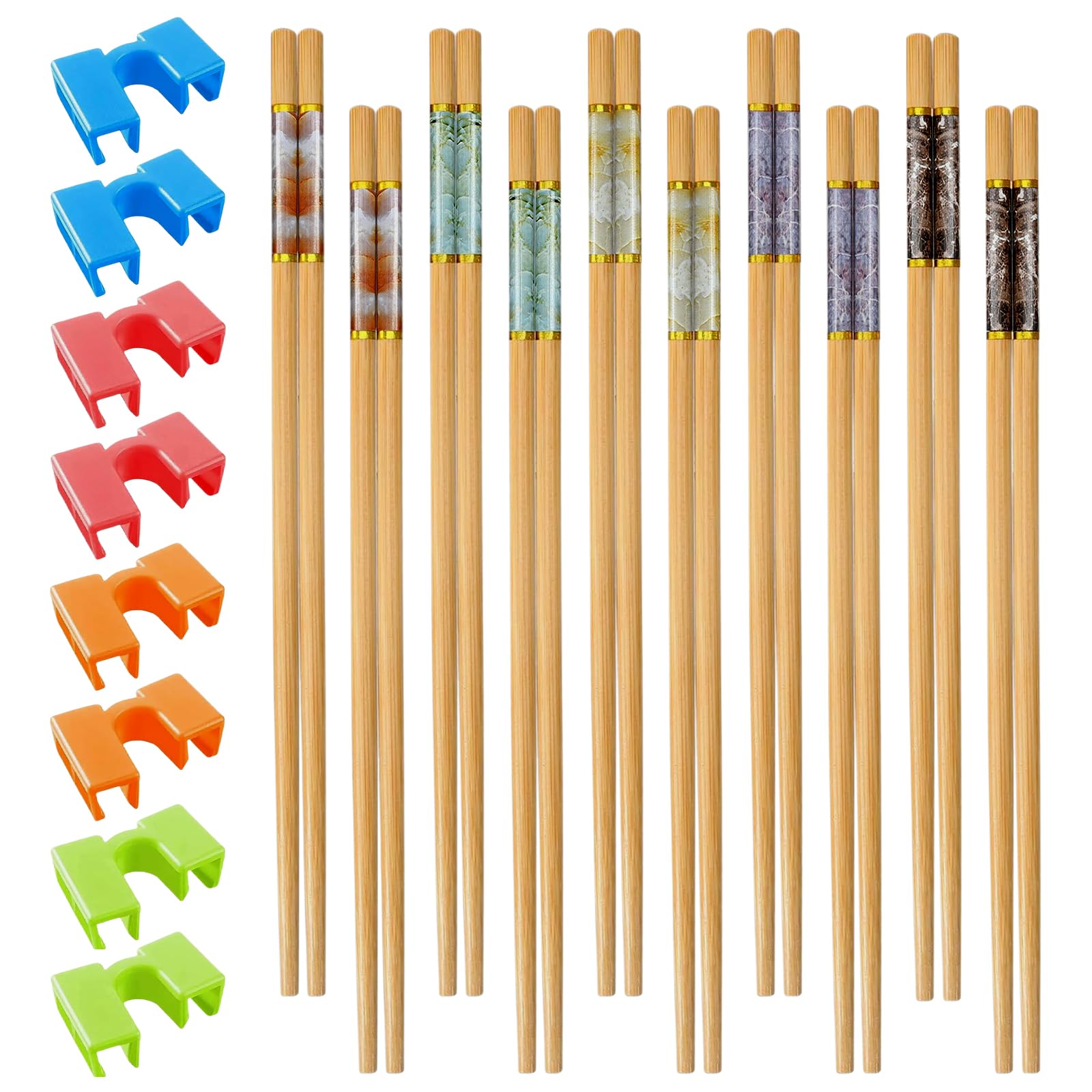 10 Pairs Resusable Wooden Chopsticks,Chinese Non-Slip Chopstick Set with 8 Chopstick Assistant for Beginners for Sushi Rice Noodles Asian Dishes,Dishwasher Safe