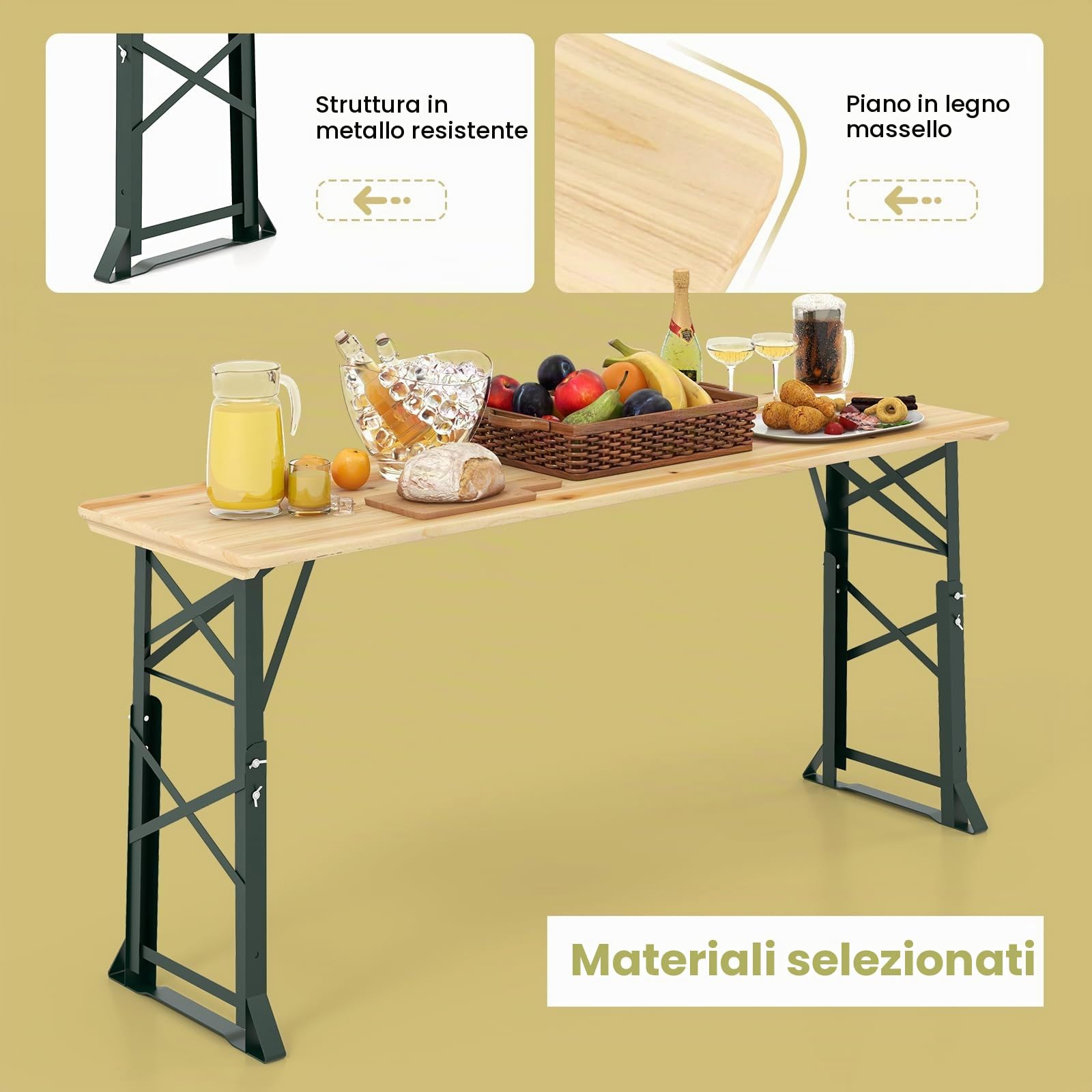 GIANTEX Tavolo Pieghevole per Birra e Feste, Altezza Regolabile 75 cm/105 cm, Lunghezza 168,5 cm con Foro per Ombrellone, Tavolo da Buffet e Bar per Terrazza ed Esterni