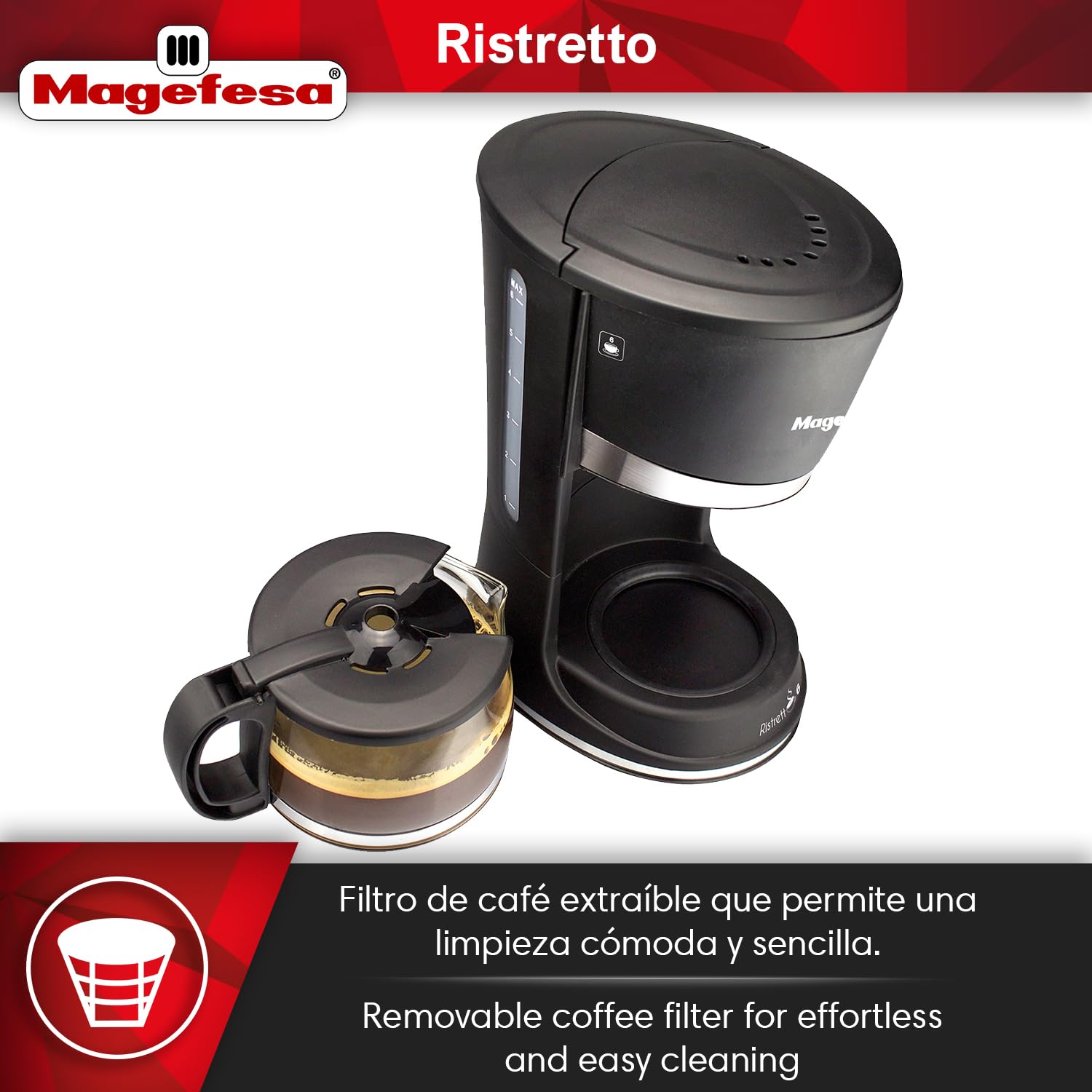 Magefesa Ristretto 600 - Caffettiera Elettrica da 6 Tazze, 600W, Sistema Anti-goccia, Filtro Rimovibile, Protezione da Surriscaldamento, Doppia Chiusura