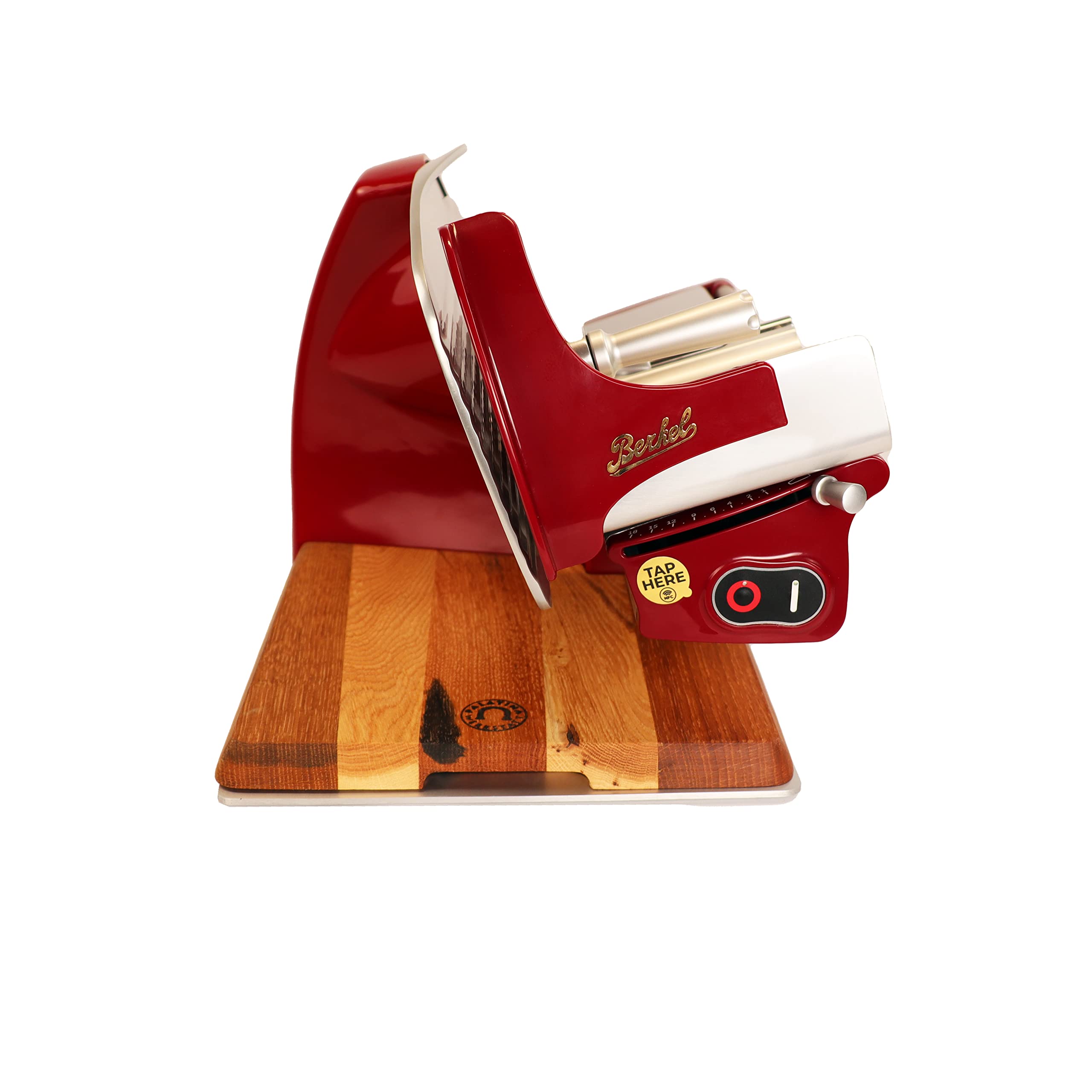 Berkel Aufschnittmaschine Home Line 200 Plus in rot - Küchenschneidemaschine inkl. Messerabnehmer und handgefertigtem Fassholzbrett Unikat - Sonderangebot