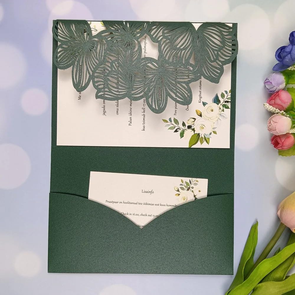 Faire-Part De Mariage Kit de 50 Cartes d'invitation de Mariage à Trois Volets découpées au Laser, Feuilles Vertes et Bleu Marine, Pochette d'invitation personnalisée(Blue1,Laser Cover Only)
