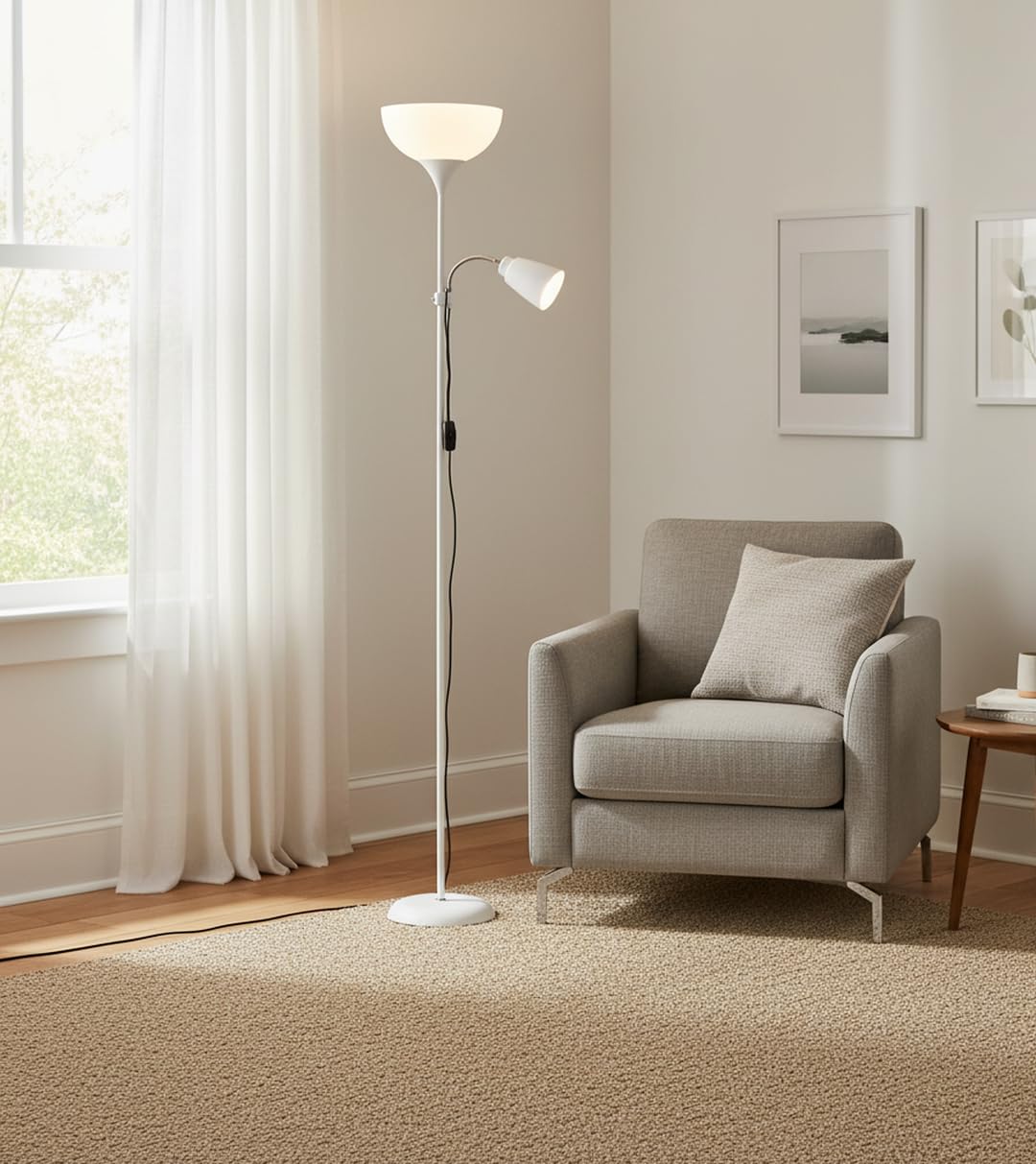 BEL AIR HOME | Lámpara de pie VARESE | 178CM, blanco, aluminio | Brazo lector orientable, doble portalámparas E27 y E14, interruptor deslizante | Iluminación salón moderna y funcional