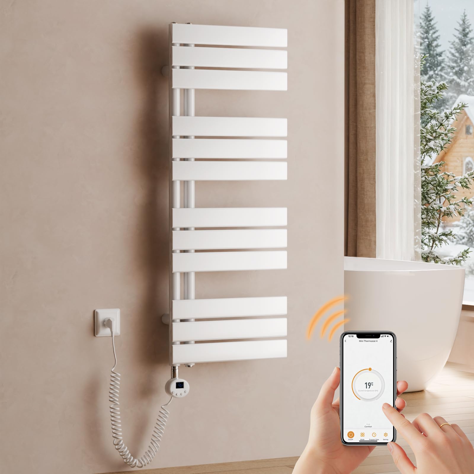 Toallero ElĆ©ctrico BaƱo 1041Ć400 mm, 400 W, blanco | Radiador Toallero ElĆ©ctrico con Termostato, WiFi, Temporizador Programable, Pantalla LCD, Control por App