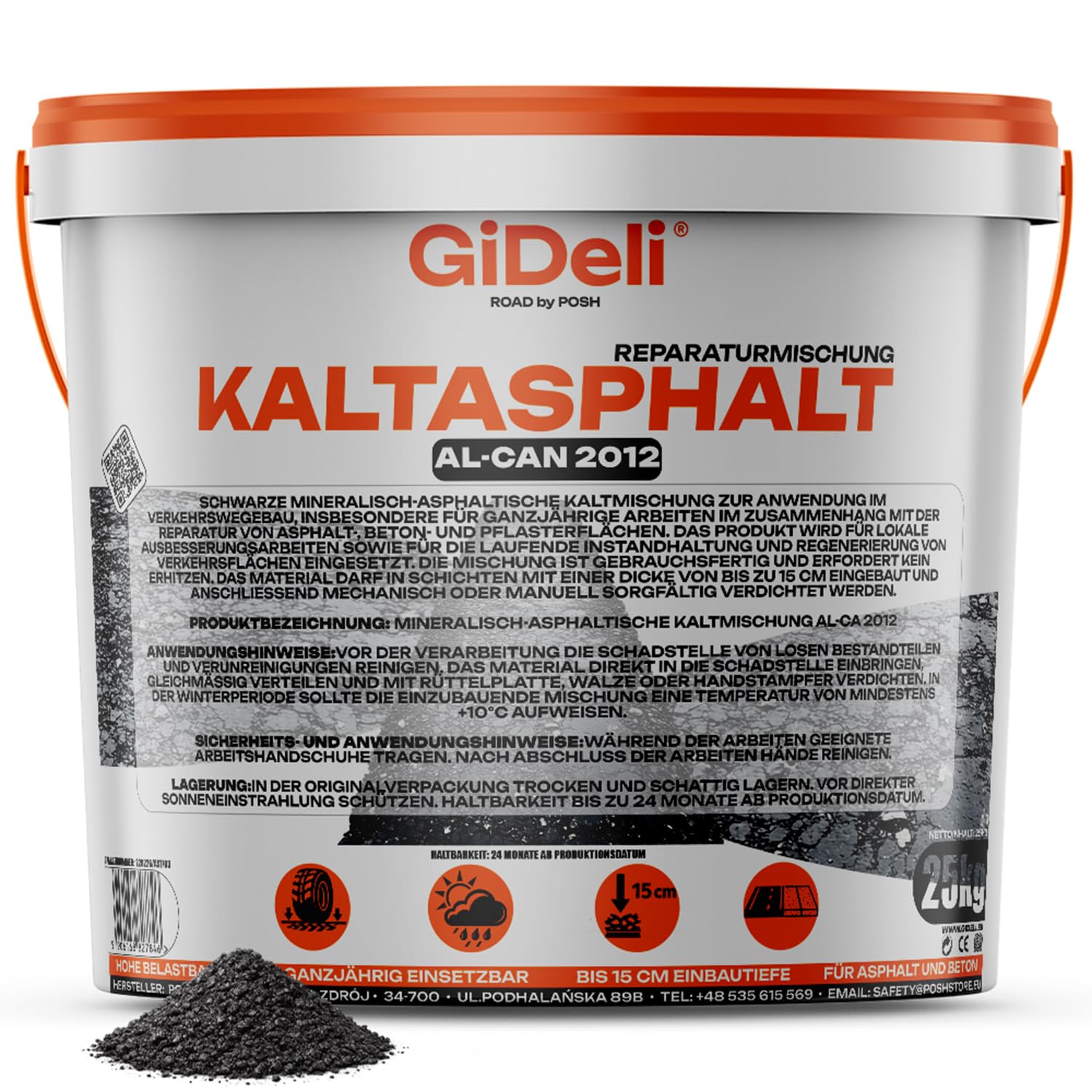 GiDeli Asfalto frío 25 kg en cubo, listo para usar, reparación de asfalto, relleno de grietas, con un grano de 0 – 8 mm – pintura bituminosa – uso universal