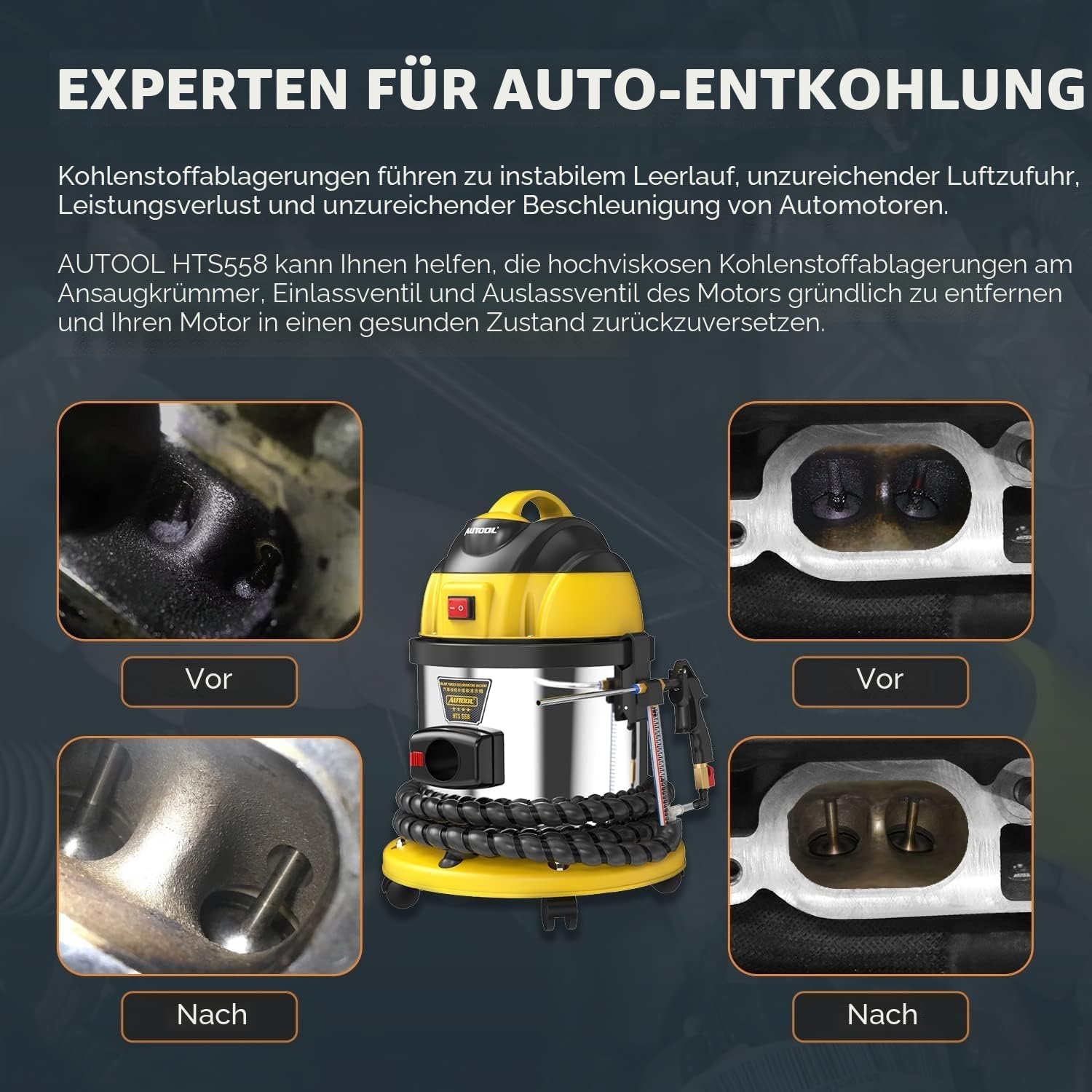 AUTOOL Walnuss Strahlgerät, Mobiles Sandstrahlgerät Automotor Einlassventil Reinigungsmaschin Motorkohlenstoffentferner, 220V Walnussstrahlgerät Kfz mit 2kg Sandstrahl, 23 Adapter