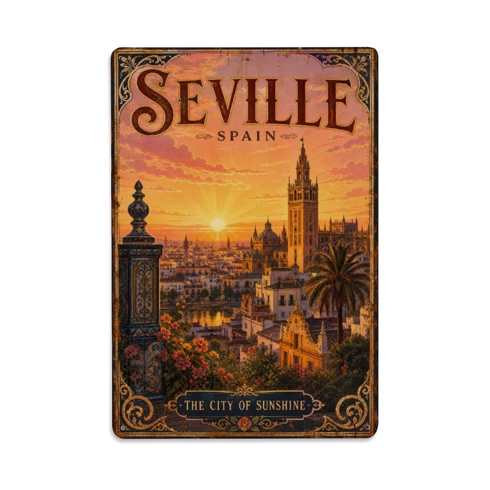 Vintage Travel Seville Sunrise Morning Light Golden City Metal Tin Sign