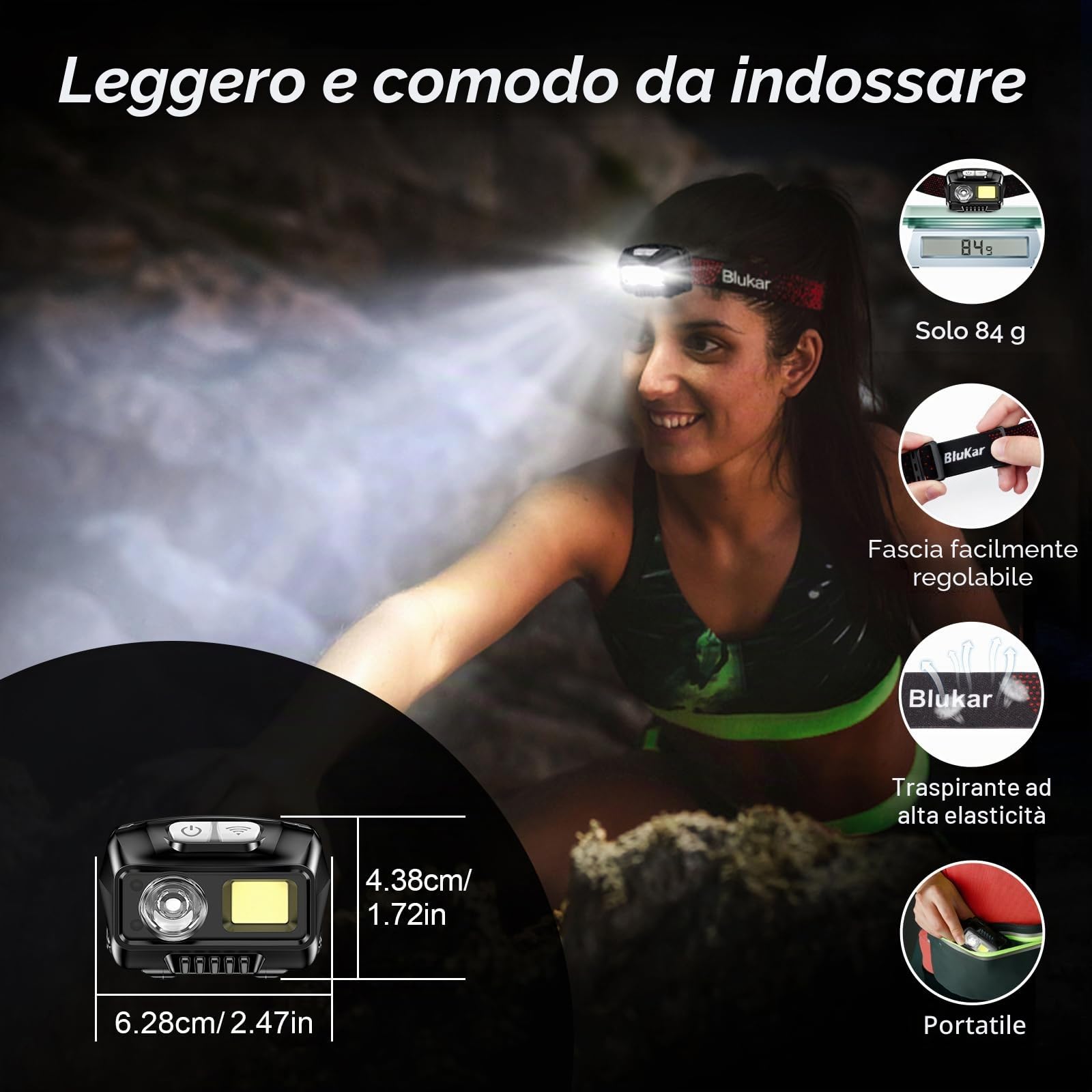 Blukar Torcia Frontale LED, Super Luminosa 2000 Lumen Lampada Frontale Ricaricabile con Sensore Movimento,8 Modalità di Illuminazione, Impermeabile Torcia da Testa per Campeggio/Pesca/Trekking
