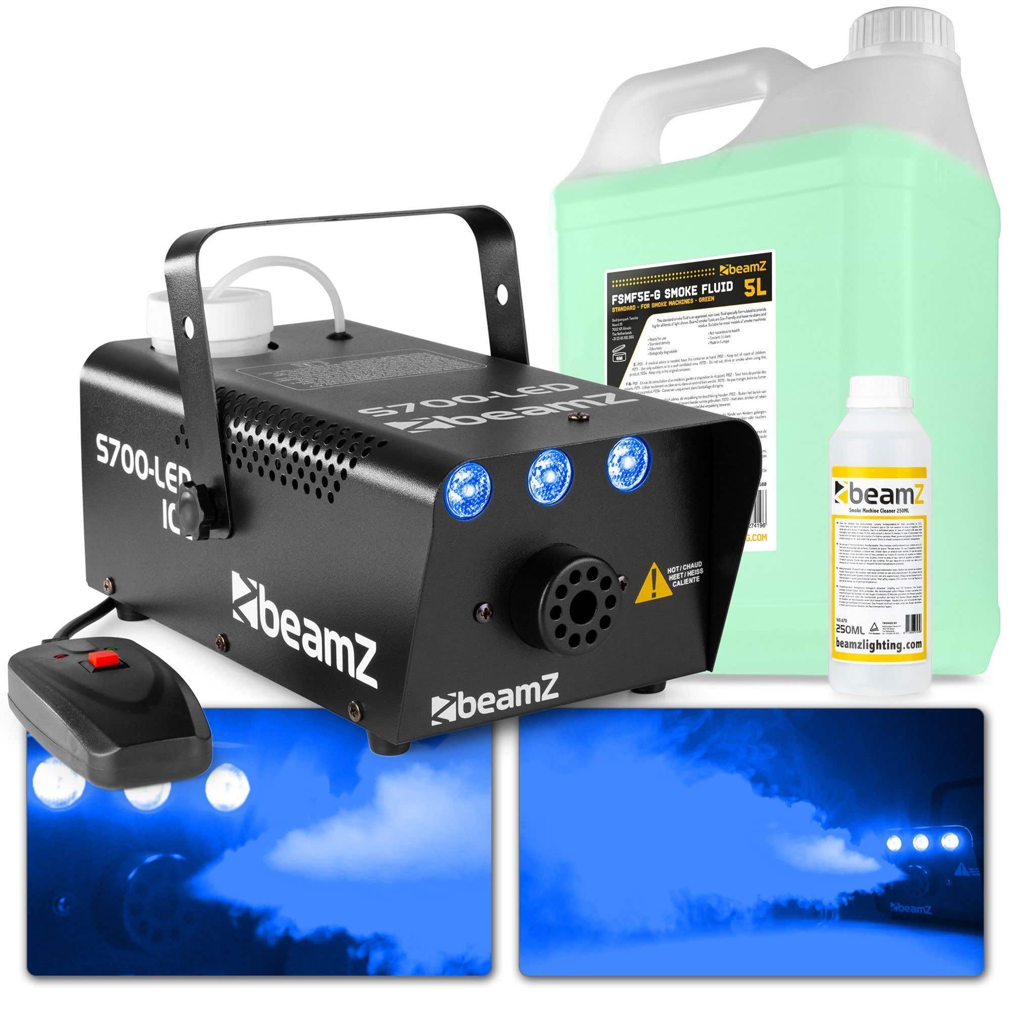 BeamZ S700LED ICE Nebelmaschine mit Lichteffekt 700 Watt inkl. 5 Liter Nebelfluid + Reiniger, Rauchmaschine mit LED, Fog Machine, Kabelfernbedienung, für DJs, Hauspartys, Hochzeiten, Veranstaltungen