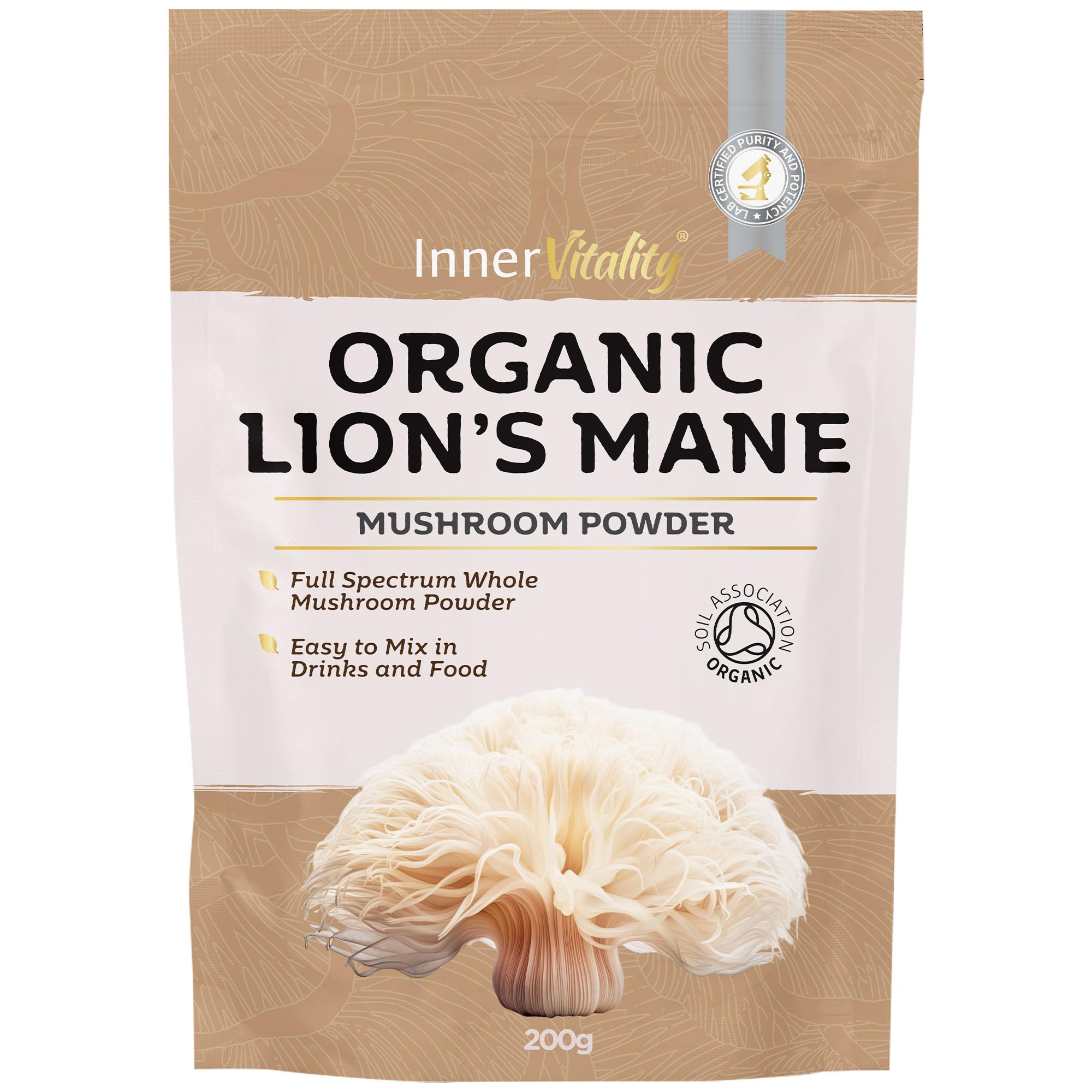 Organic Lions Mane Mushroom Powder 200g - High Strength Full Spectrum Fruiting Body Mushroom Supplement to Support Brain & Mental Performance by Inner Vitality (Large)EU Organic