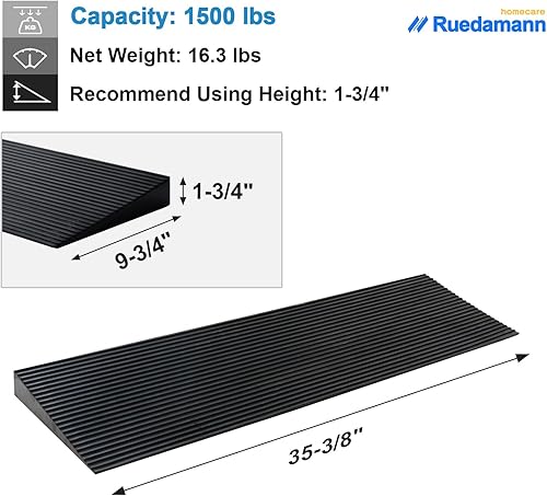 Miniatura 10 de Ruedamann Rampa de umbral de elevación de 0.8 pulgadas, capacidad de 1500 libras, 35.4 pulgadas de ancho de goma natural para silla de ruedas, rampa