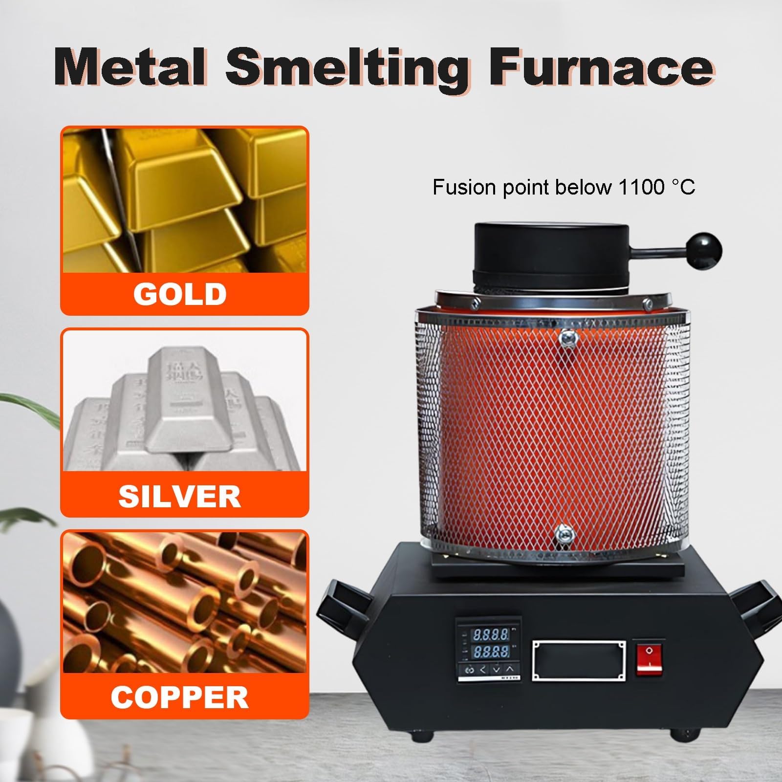 Cyfrowa Maszyna Do Topienia Metalu, Piec Do Topienia Złota 1100℃ Z Wyświetlaczem, Siatka Ochronna Rękawice Szczypce, Elektryczne Topienie Złota Srebra Miedzi Aluminium 3kg
