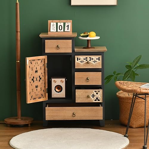 Miniatura 3 de Ahokua Armario decorativo gris para sala de estar, armario rústico con 3 cajones y puerta, gabinete de buffet moderno con estante ajustable,