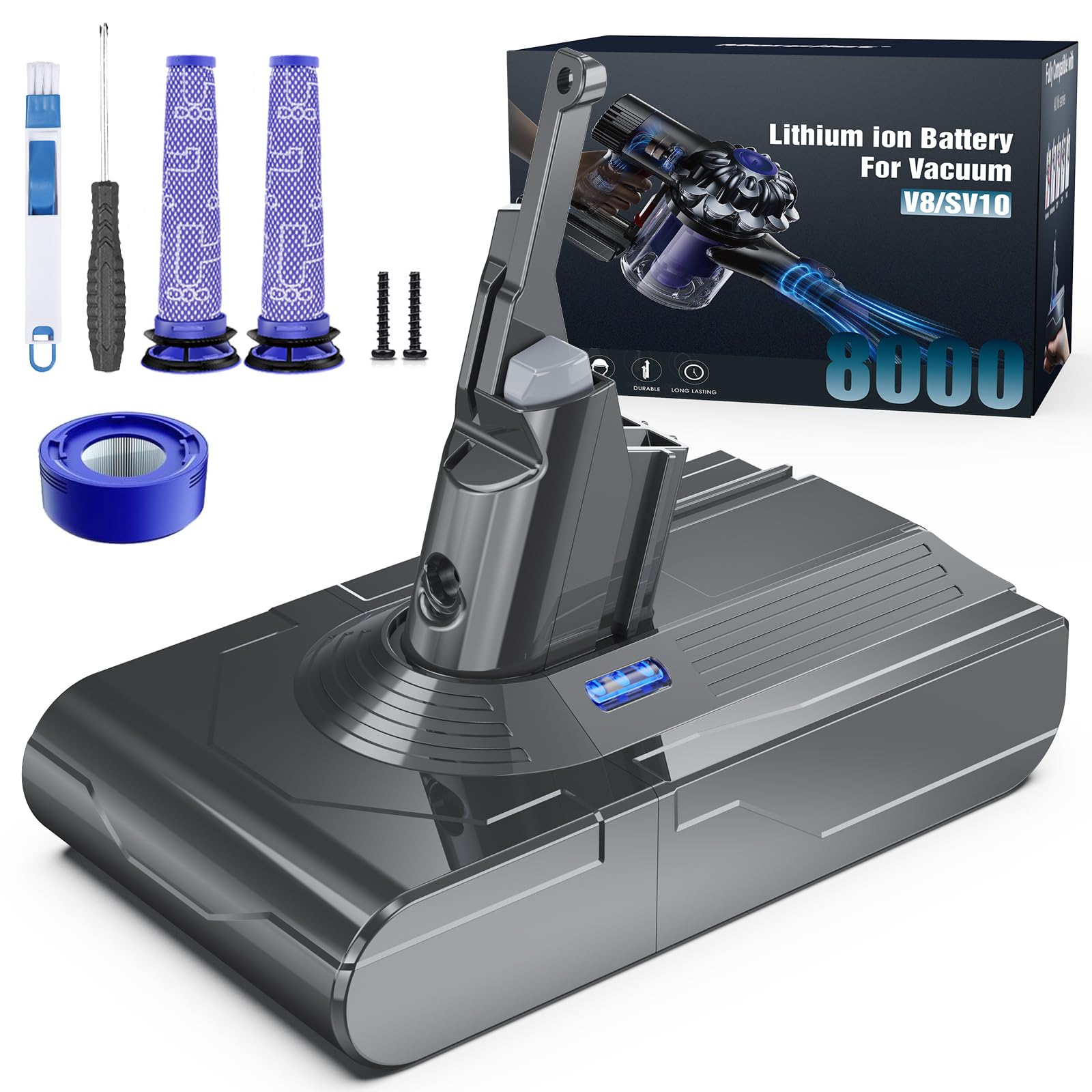 Morpilot Batteria per Dyson V8, 8000mah Batteria di Ricambio per Dyson V8 Absolute Fluffy Animal SV10 Motorhead Slim Fluffy Total Clean Extra con 3 Filtri
