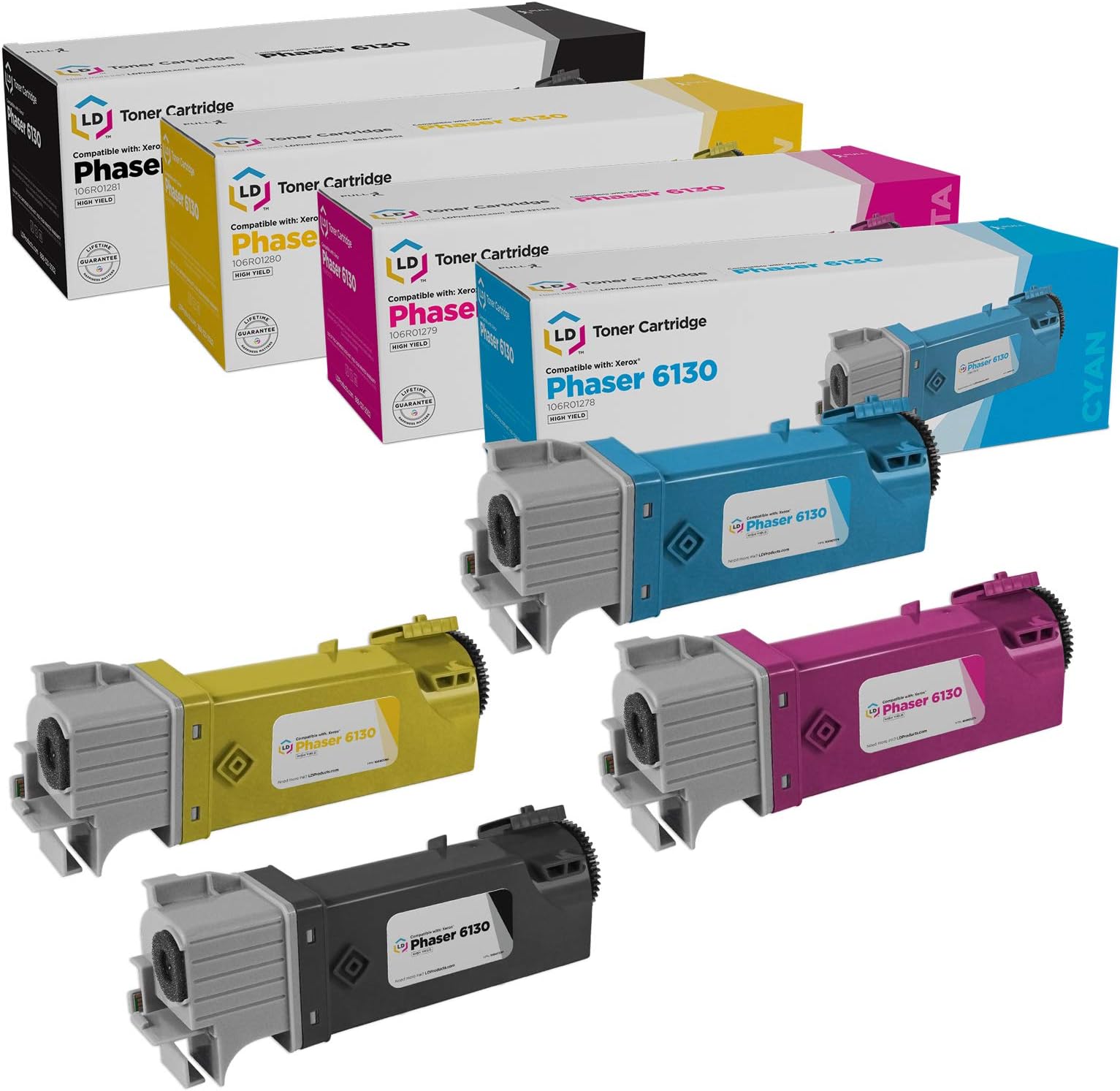 LD Products Compatible Toner Cartridge Replacement for Xerox Phaser 6130 High Yield (Black, Cyan, Magenta, Yellow, 4-Pack)