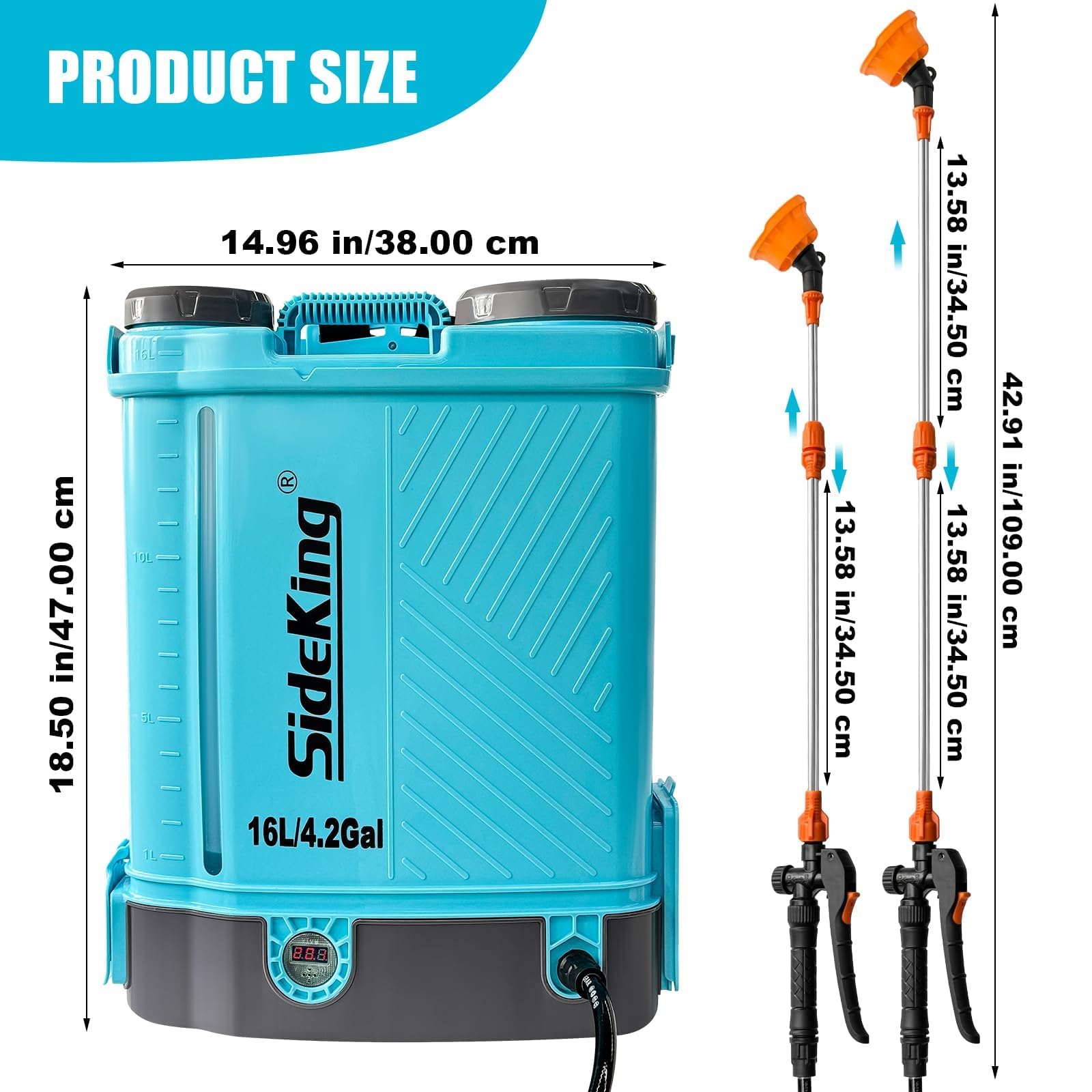SideKing Knapsack Sprayer 16L, Electric Garden Sprayer Compatible with Makita 18V, Telescopic Wand, 5 Nozzles, 100 PSI Powerful Pressure Sprayer for Gardens, Lawns, Patios, Driveways(Battery Inc) — view 7