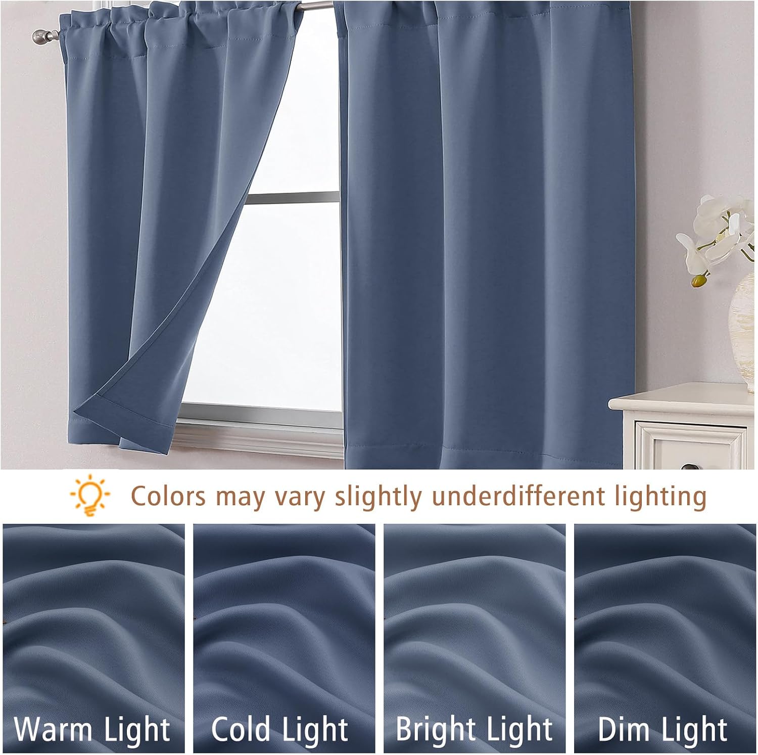 Blackout Curtains for Small Window Treatment, Light Blocking Short Kitchen Window Curtains Over Sink, Rod Pocket Half Window Tiers for Bathroom Basement, Denim Blue, 2x30Wx36L Inches