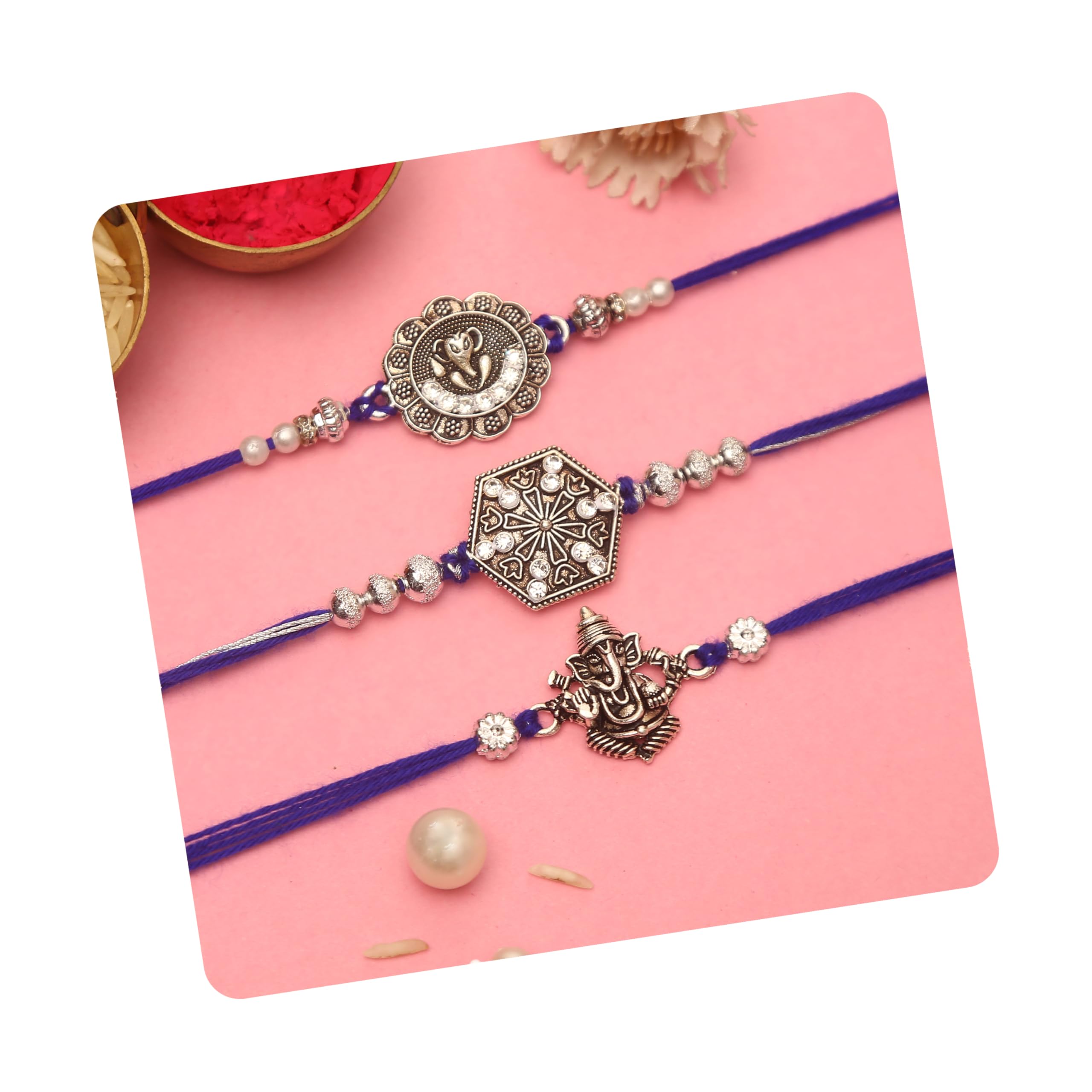 the purple tree Divine Silver Ganesha Rakhi Set For Bhai with Roli chawal and card (Pack of 3), Handmade Rakhi for Brother, Rakshabandhan Gift for bhai, Best rakhi for bhaiya-picture-22