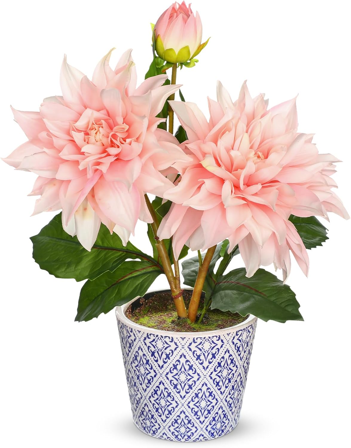 Briful Artificial Dahlia Flower in Blue and White Ceramic Pot – 13.8" Silk Dahlias Arrangement Faux Potted Dahlia Floral Centerpiece for Home Office Kitchen Dining Room Table Shelf Decor(Pale Pink)