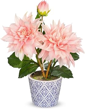 Briful Artificial Dahlia Flower in Blue and White Ceramic Pot 13.8" Silk Dahlias Arrangement Faux Potted Dahlia Floral Centerpiece for Home Office Kitchen Dining Room Table Shelf DecorPale Pink