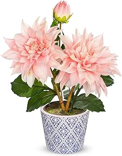 Briful Artificial Dahlia Flower in Blue and White Ceramic Pot – 13.8" Silk Dahlias Arrangement Faux Potted Dahlia Floral Centerpiece for Home Office Kitchen Dining Room Table Shelf Decor(Pale Pink)