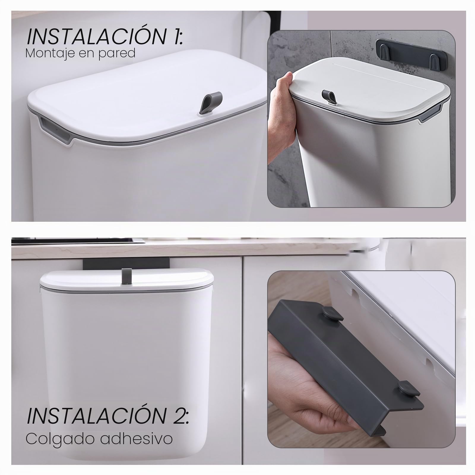 ELPHECO Cubo de basura colgante de 9,5 litros con tapa, para puerta de armario de cocina, debajo del fregadero, cubo de basura de plástico, contenedor de compostaje montado en la pared abierto,