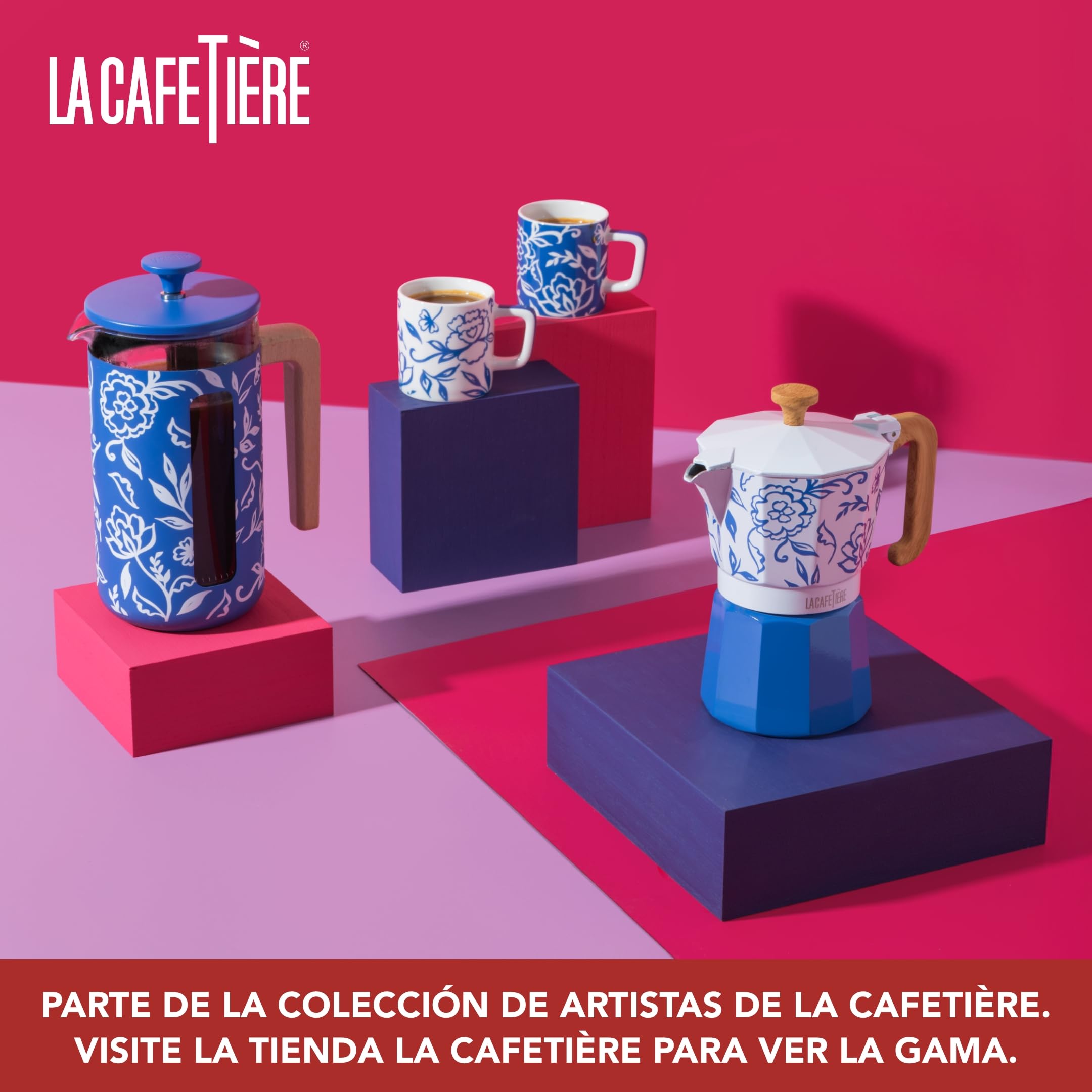 La Cafetière Pisa - Cafetera grande de prensa francesa de 8 tazas con diseño floral, cerámica resistente al calor de 1 L con émbolo de fácil agarre, ideal para té suelto y café molido, Blu Fiorato
